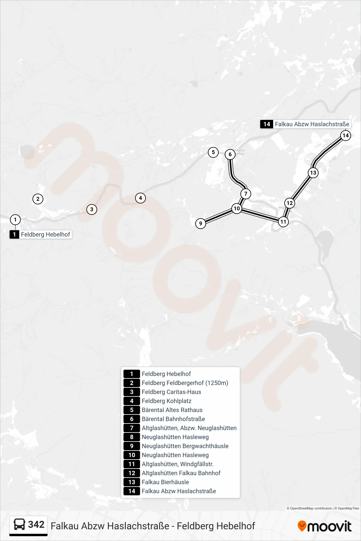 342 bus Line (Falkau Abzw Haslachstraße) route and stops on a map