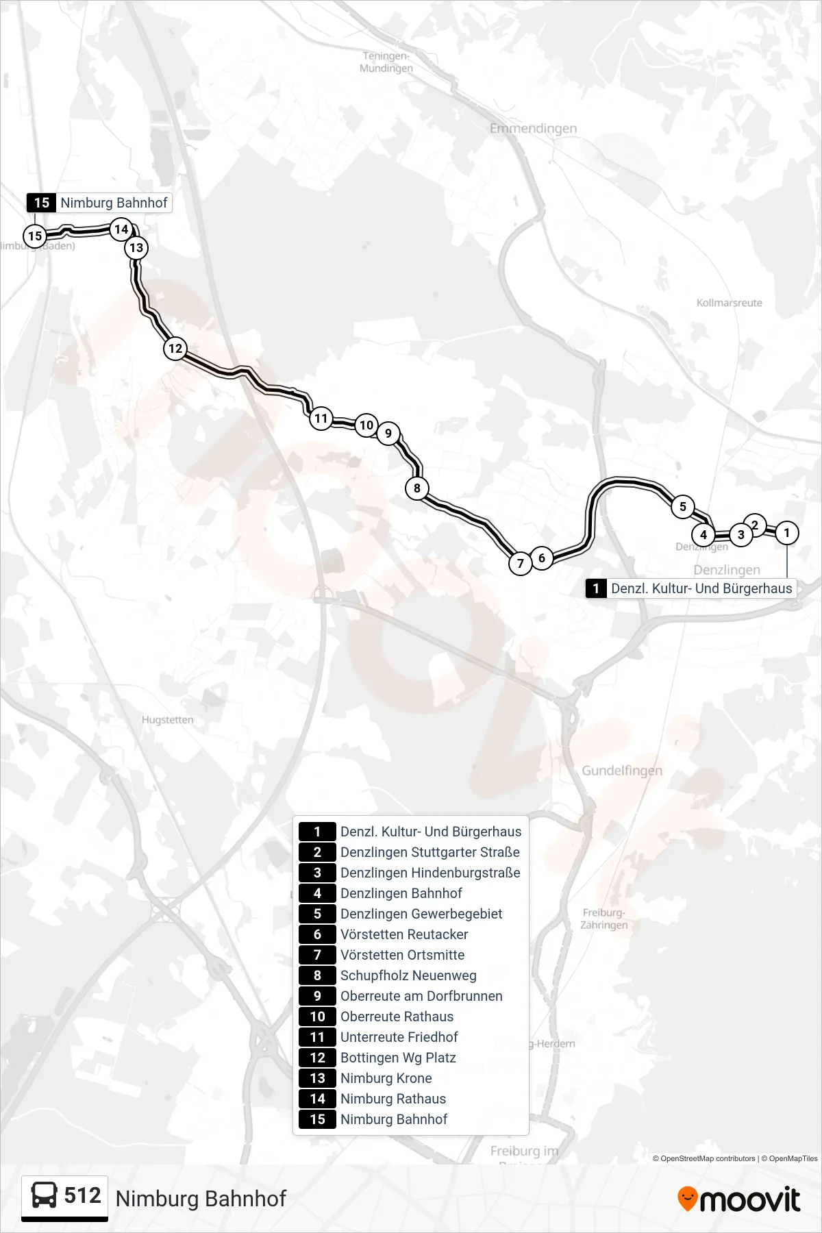 Linie 512 (Bus) Richtung Nimburg Bahnhof: Route und Haltestellen auf der Karte