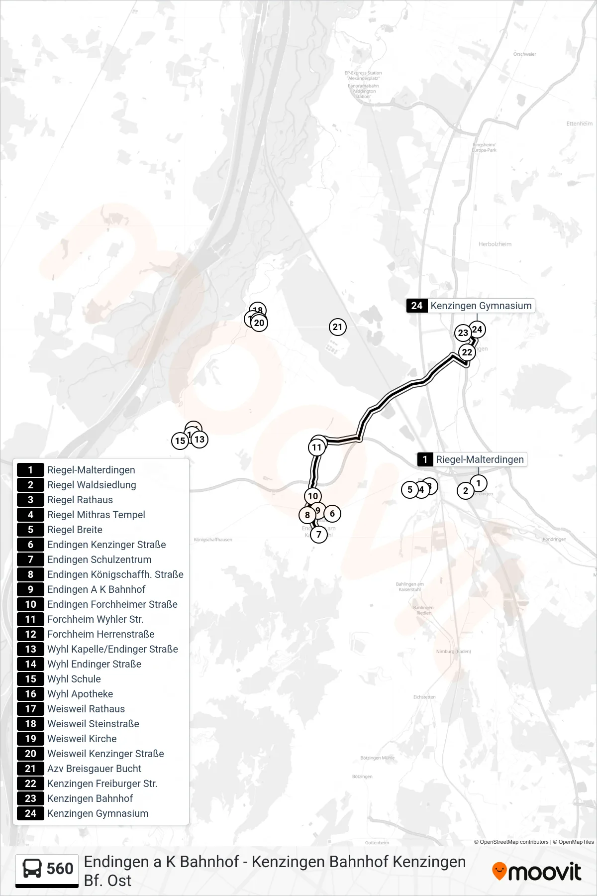 560 bus Line (Kenzingen Gymnasium) route and stops on a map