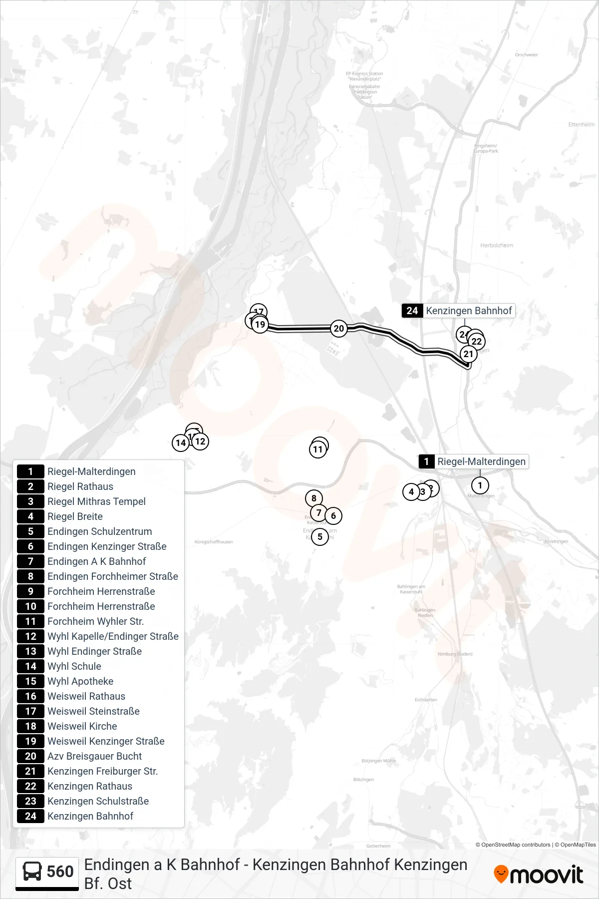 Linie 560 (Bus) Richtung Kenzingen Bahnhof: Route und Haltestellen auf der Karte