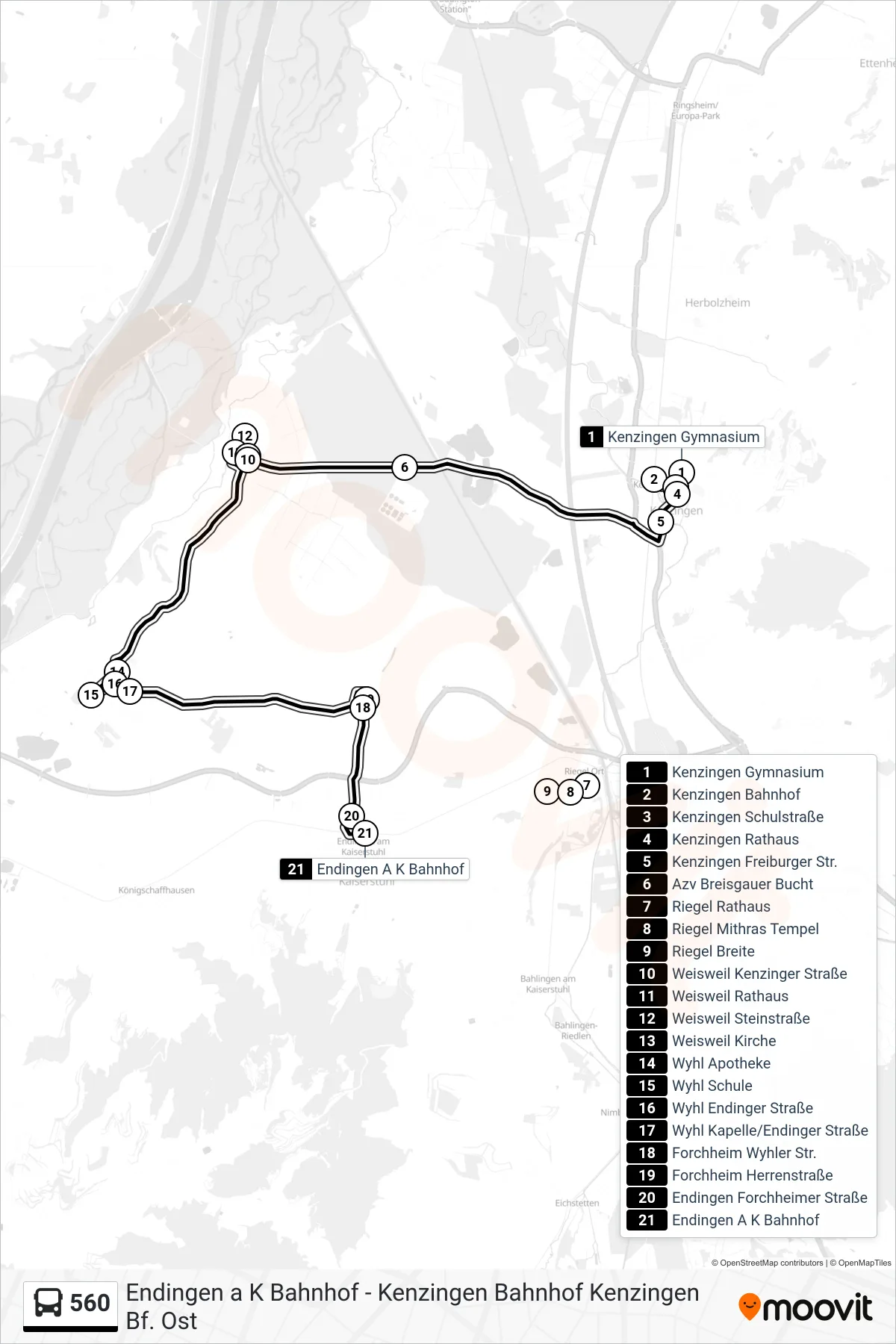 560 bus Line (Endingen A K Bahnhof) route and stops on a map