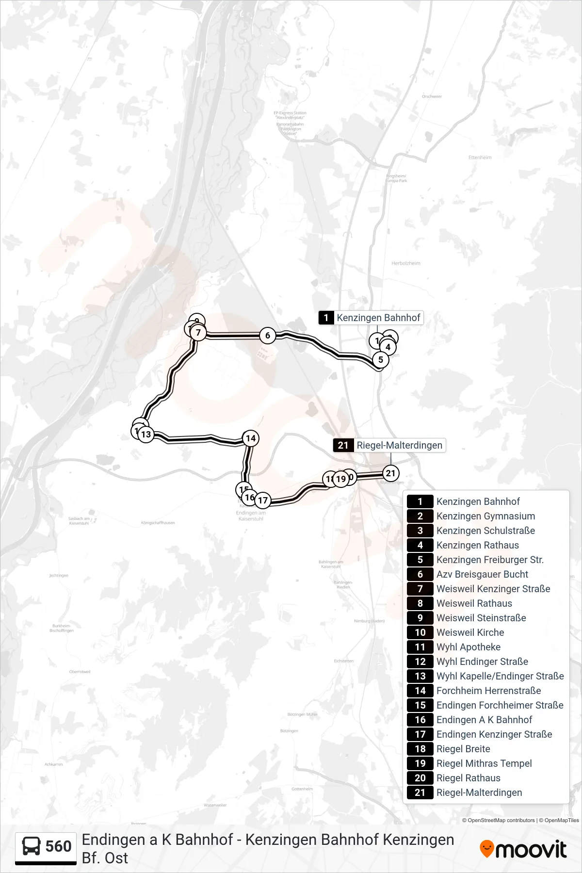 560 bus Line (Riegel-Malterdingen) route and stops on a map