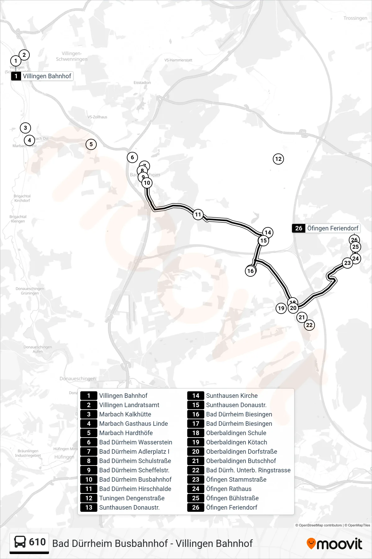 610 bus Line (Öfingen Feriendorf) route and stops on a map