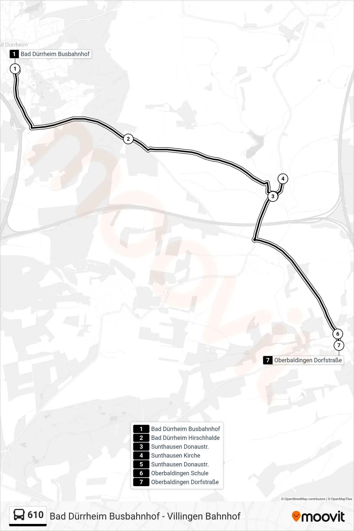 610 bus Line (Oberbaldingen Dorfstraße) route and stops on a map