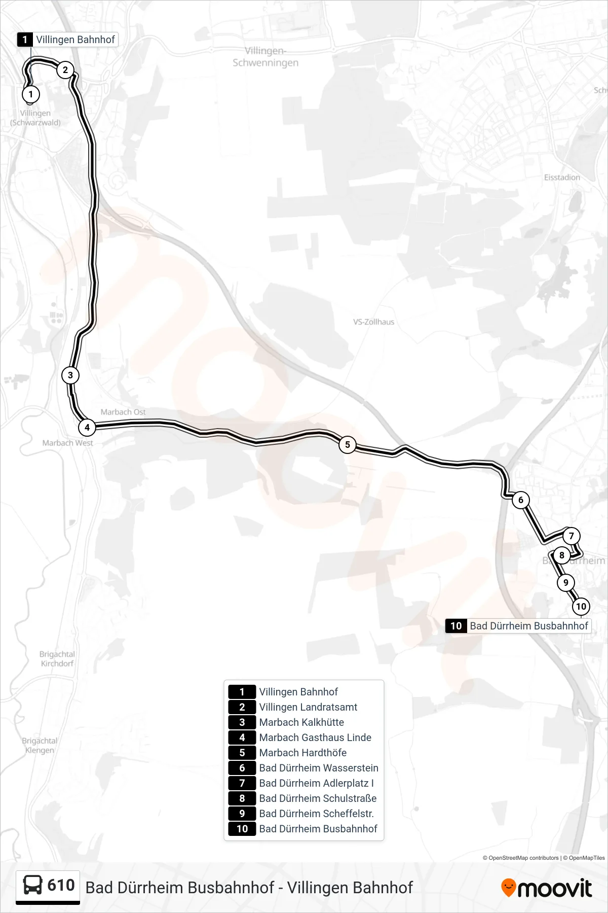 Linie 610 (Bus) Richtung Bad Dürrheim Busbahnhof: Route und Haltestellen auf der Karte