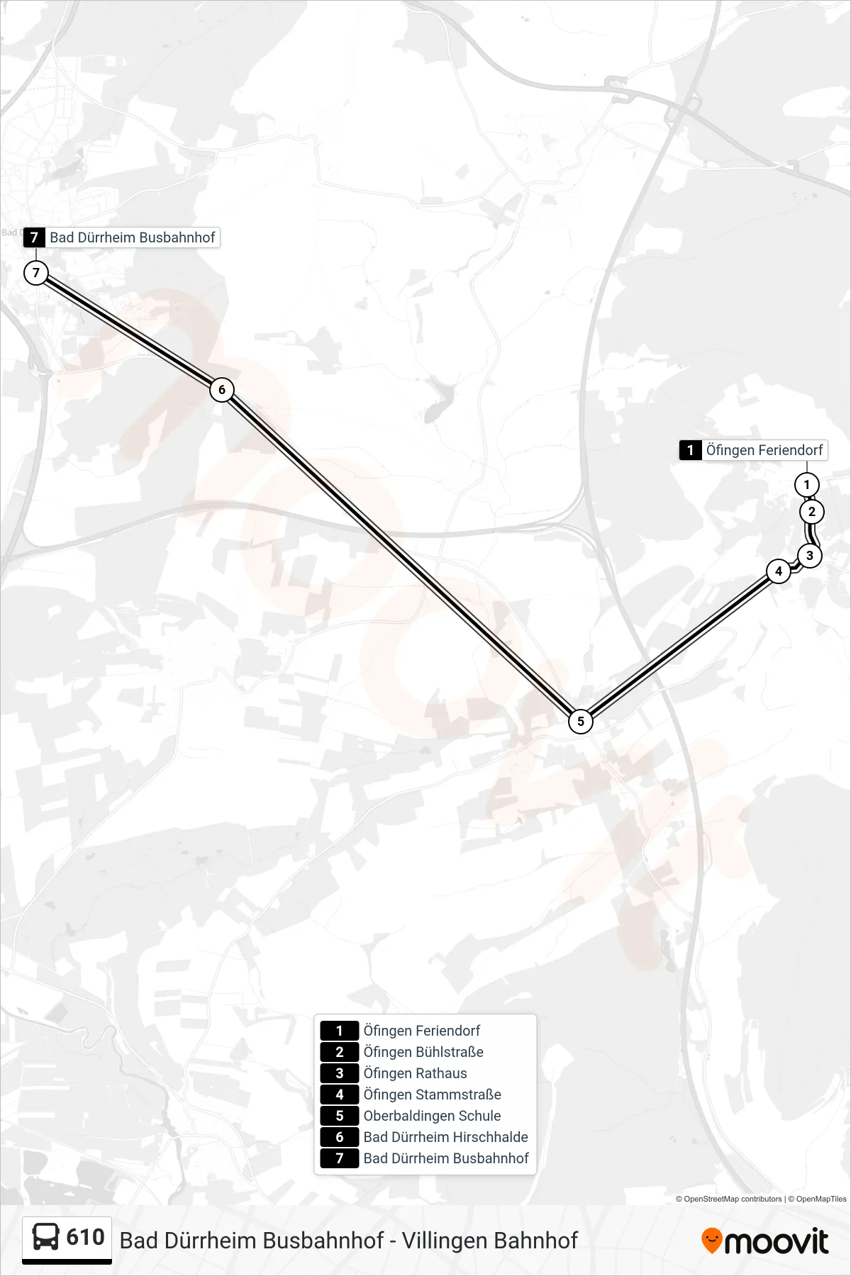 610 bus Line (Bad Dürrheim Busbahnhof) route and stops on a map