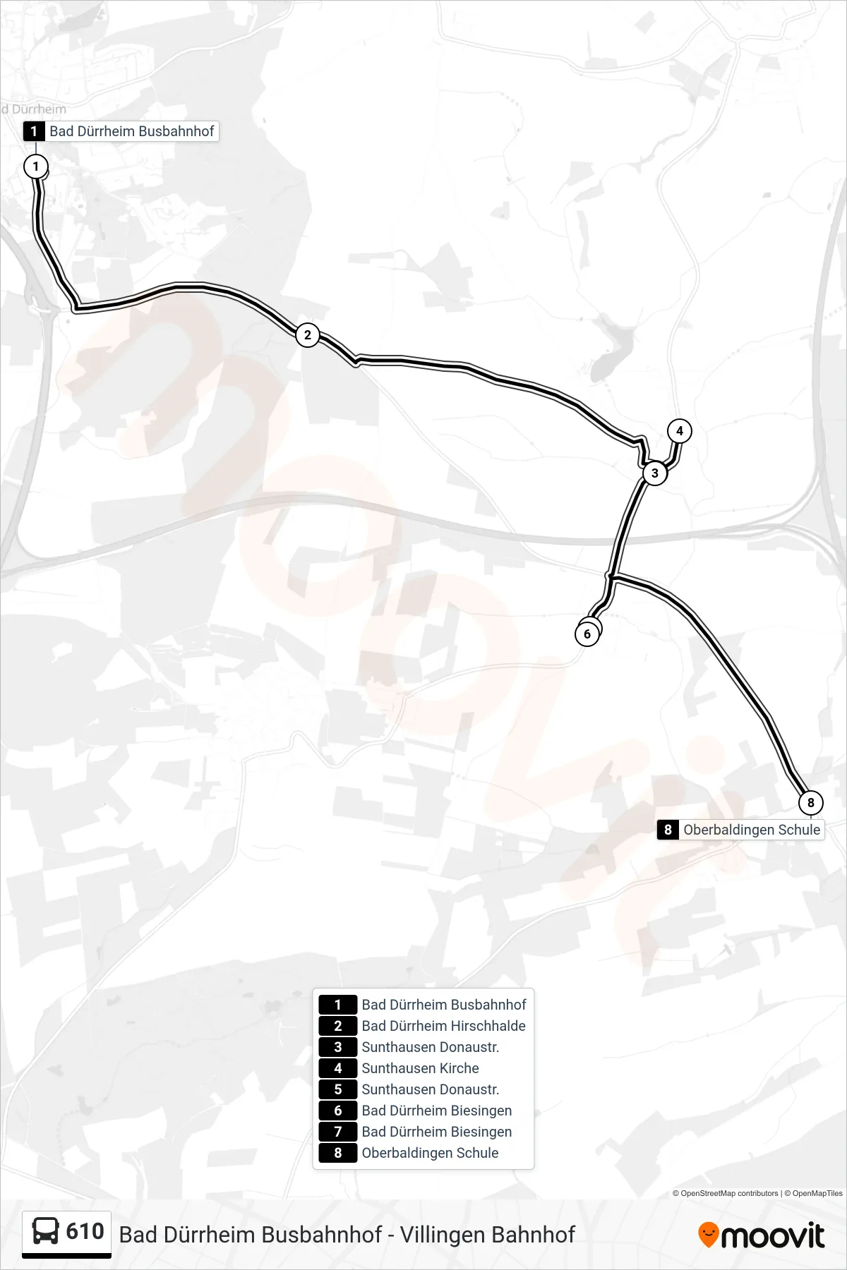 610 bus Line (Oberbaldingen Schule) route and stops on a map