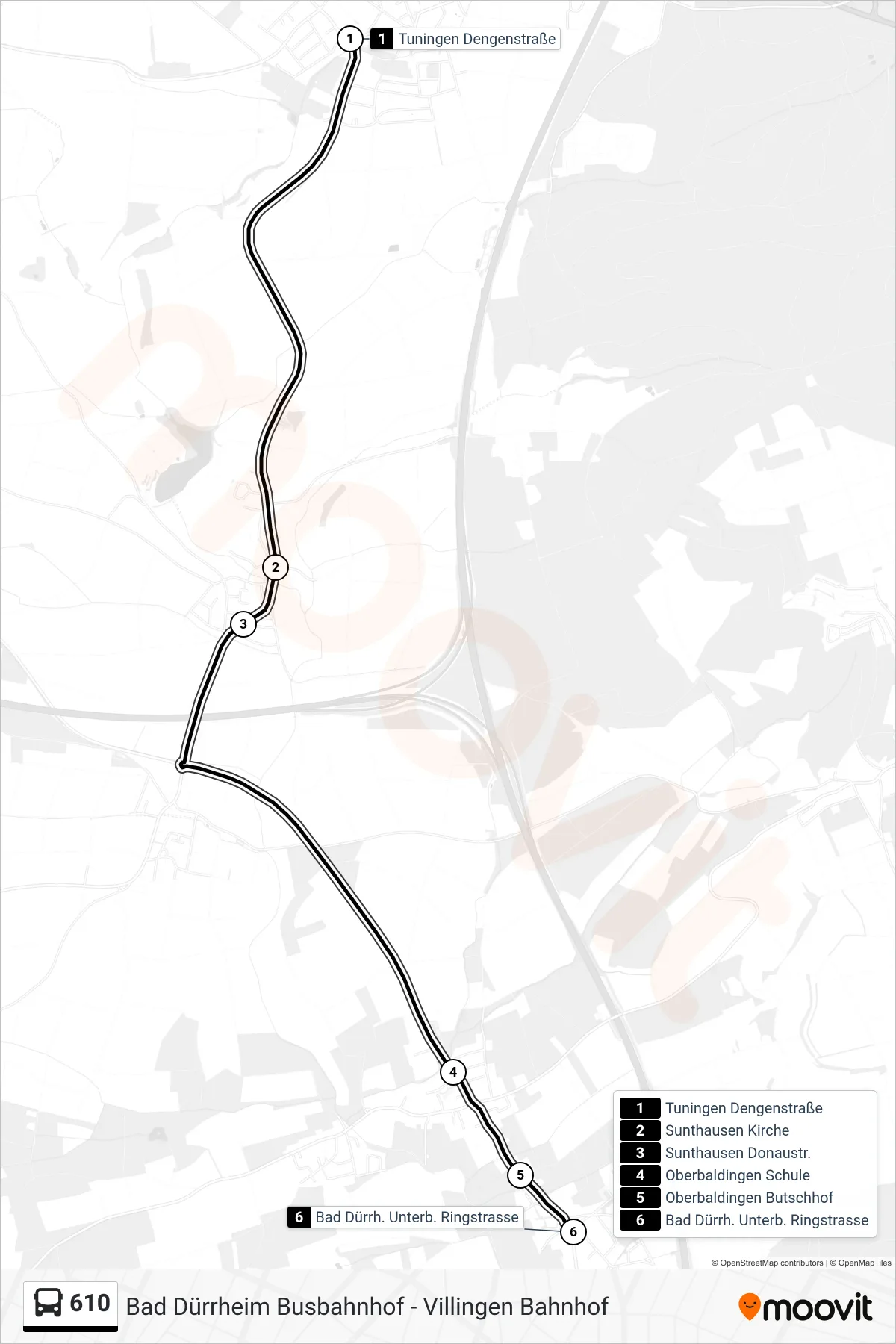 610 bus Line (Bad Dürrh. Unterb. Ringstrasse) route and stops on a map