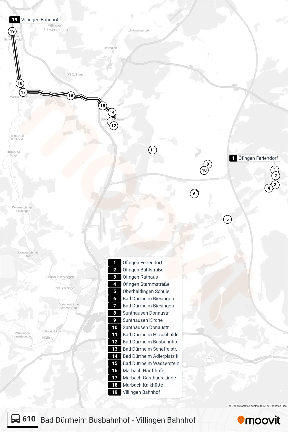 610 bus Line (Villingen Bahnhof) route and stops on a map