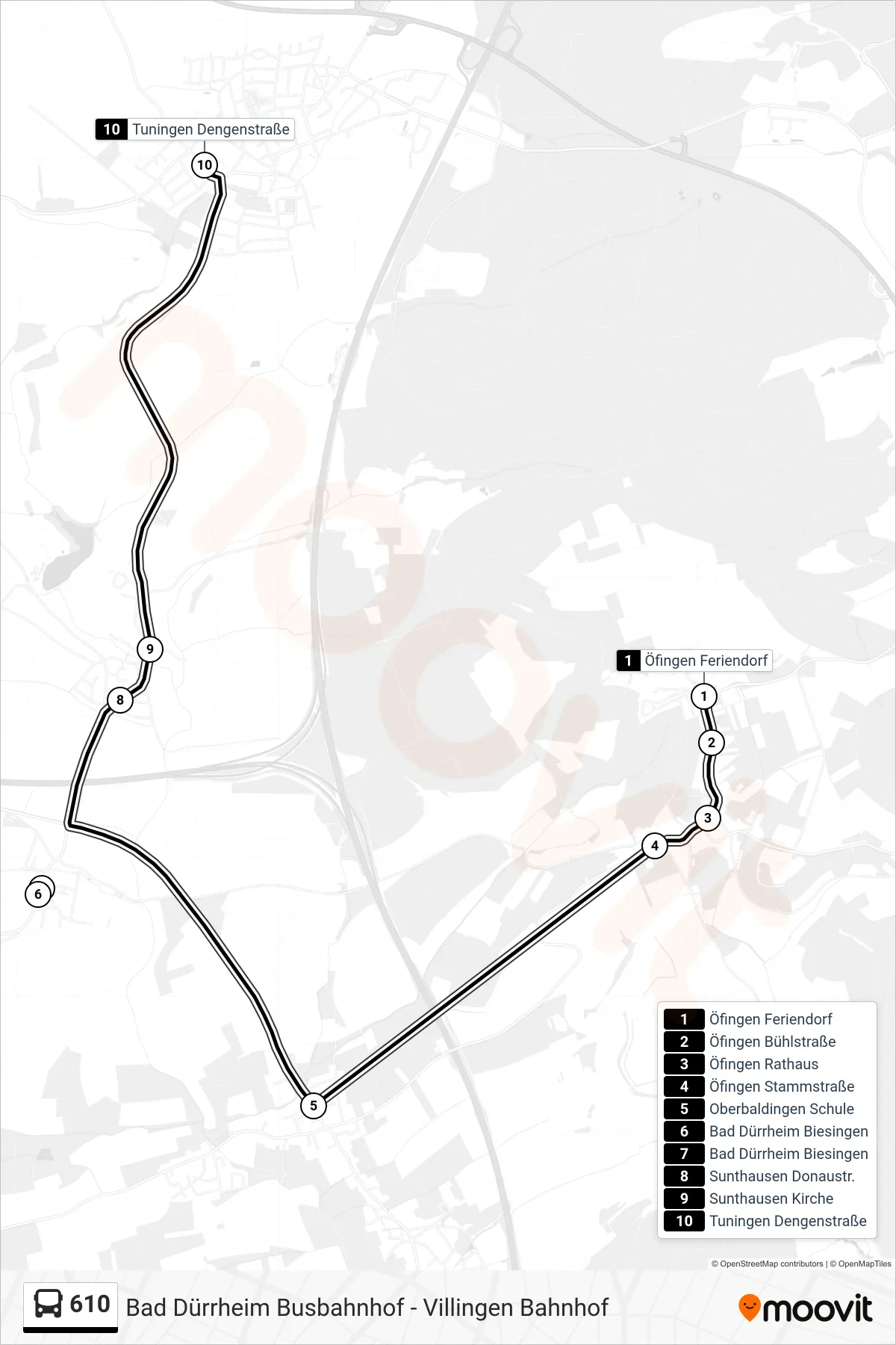 610 bus Line (Tuningen Dengenstraße) route and stops on a map