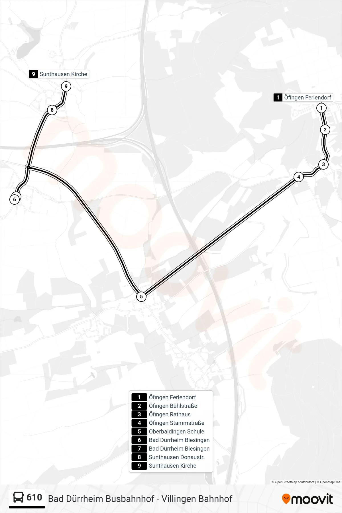 610 bus Line (Sunthausen Kirche) route and stops on a map