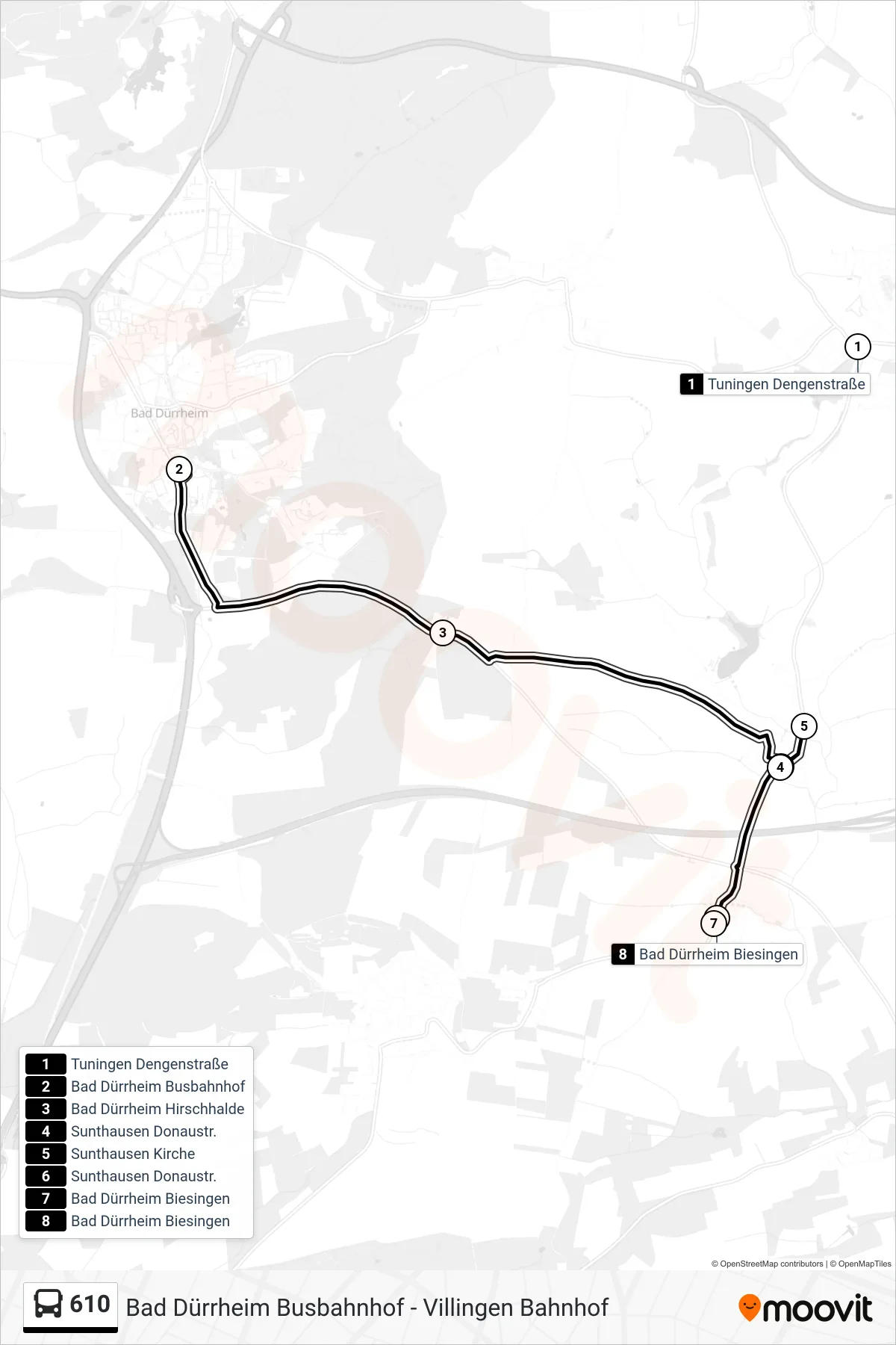 610 bus Line (Bad Dürrheim Biesingen) route and stops on a map