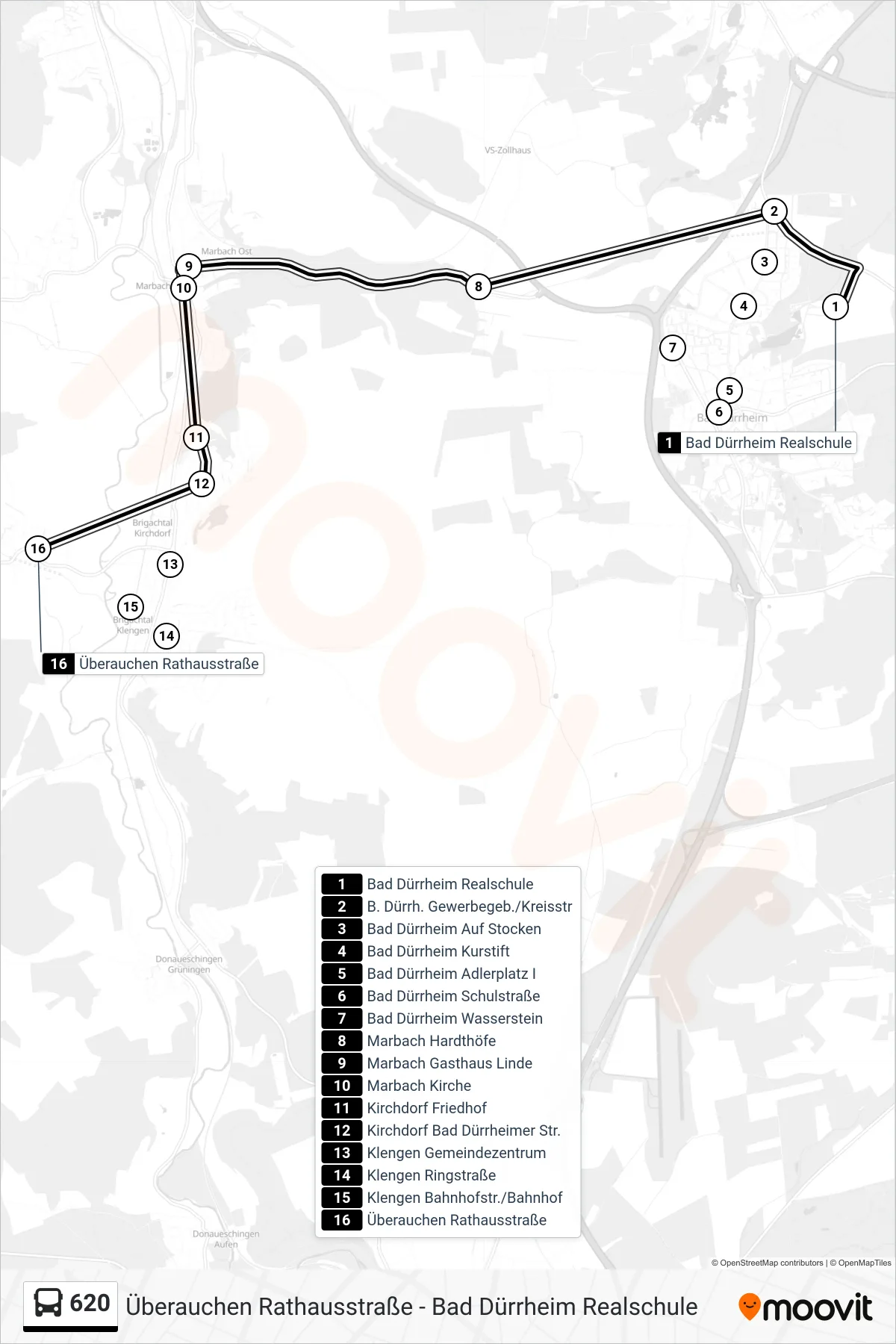 620 bus Line (Überauchen Rathausstraße) route and stops on a map