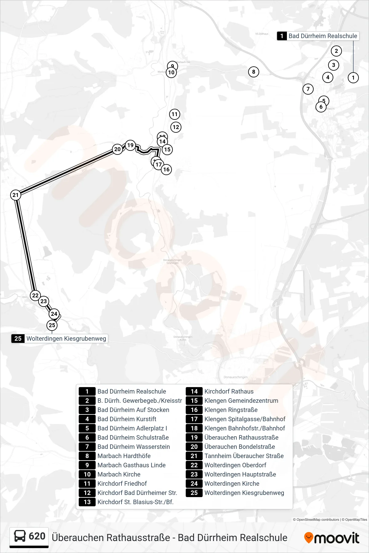 620 bus Line (Wolterdingen Kiesgrubenweg) route and stops on a map