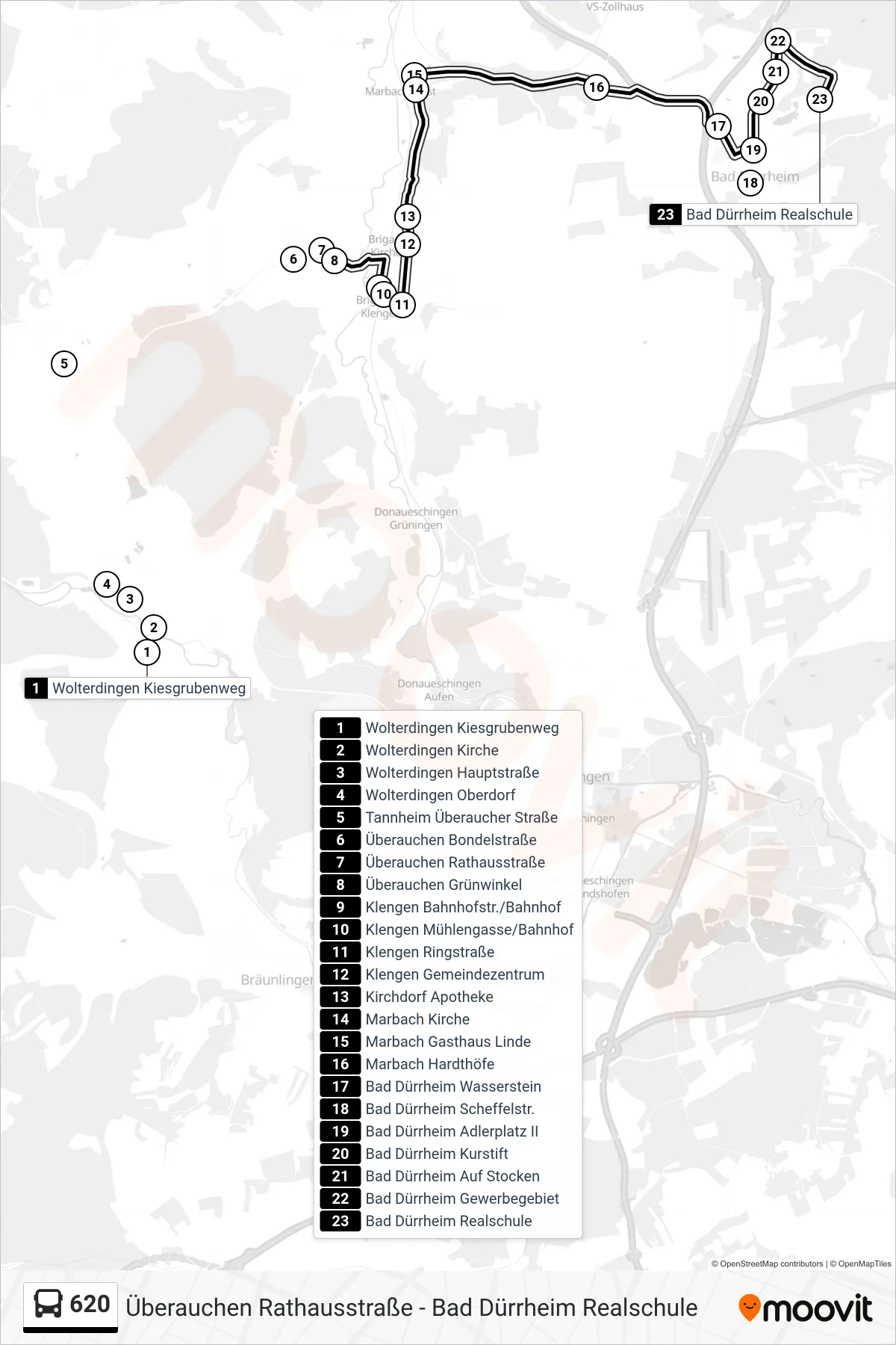 620 bus Line (Bad Dürrheim Realschule) route and stops on a map