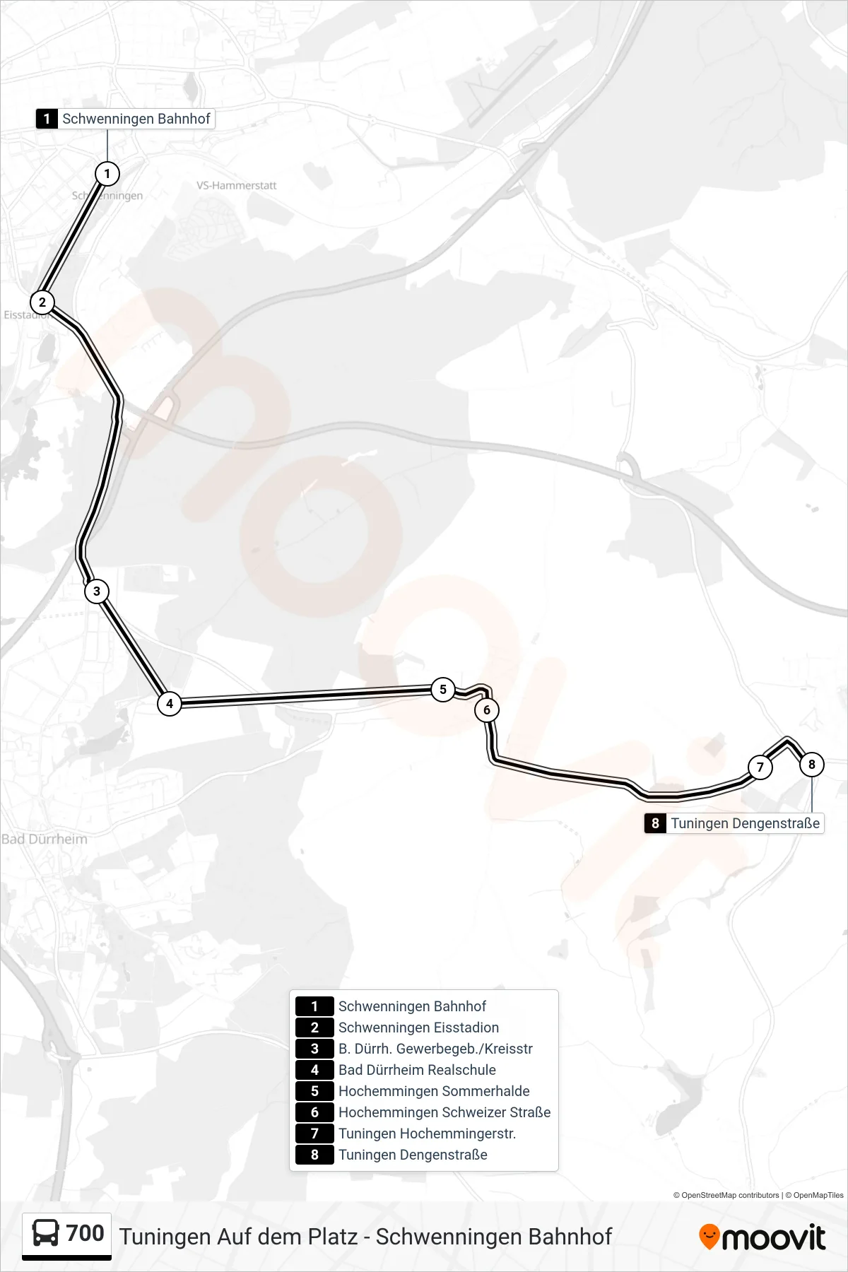 700 bus Line (Tuningen Dengenstraße) route and stops on a map