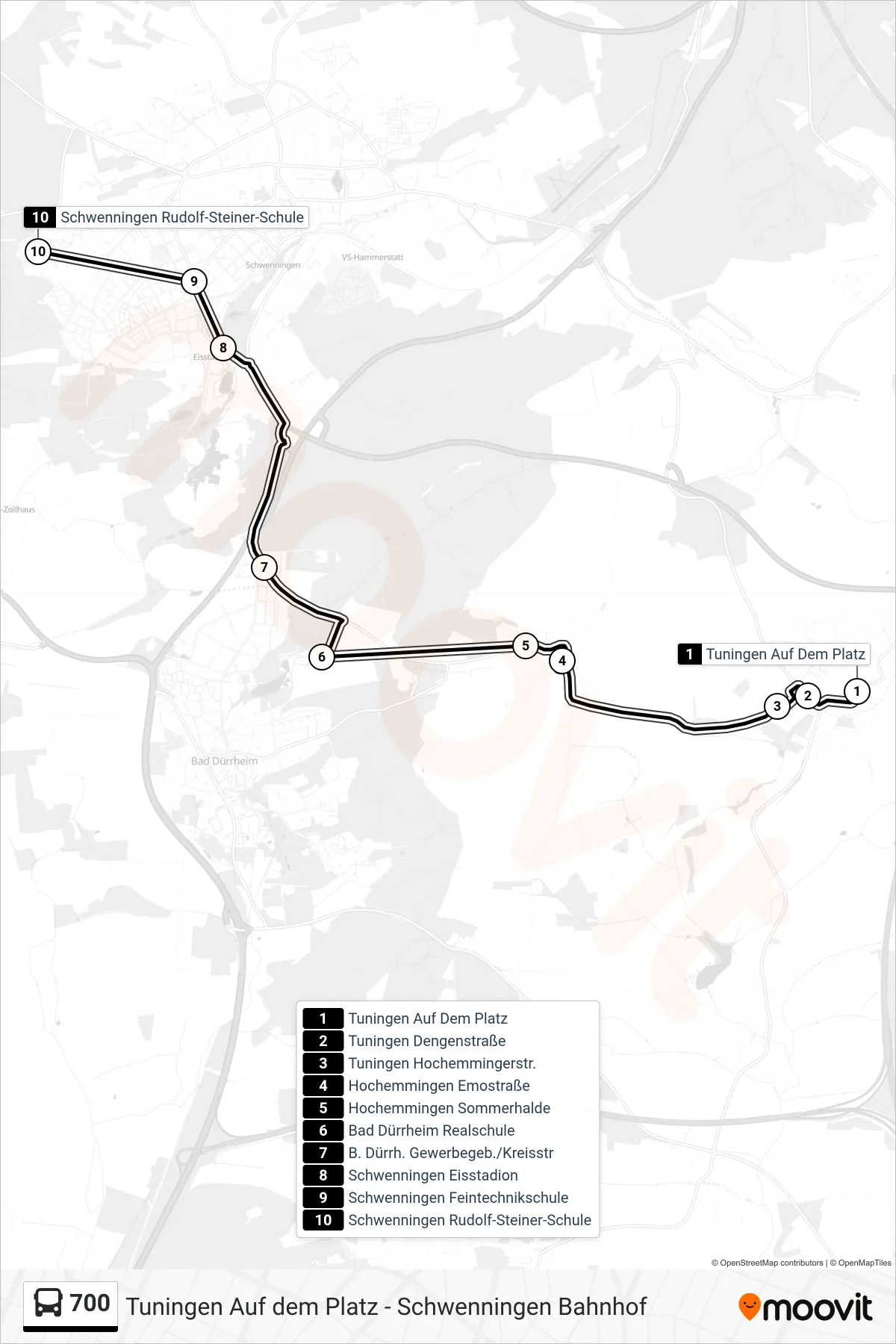 700 bus Line (Schwenningen Rudolf-Steiner-Schule) route and stops on a map