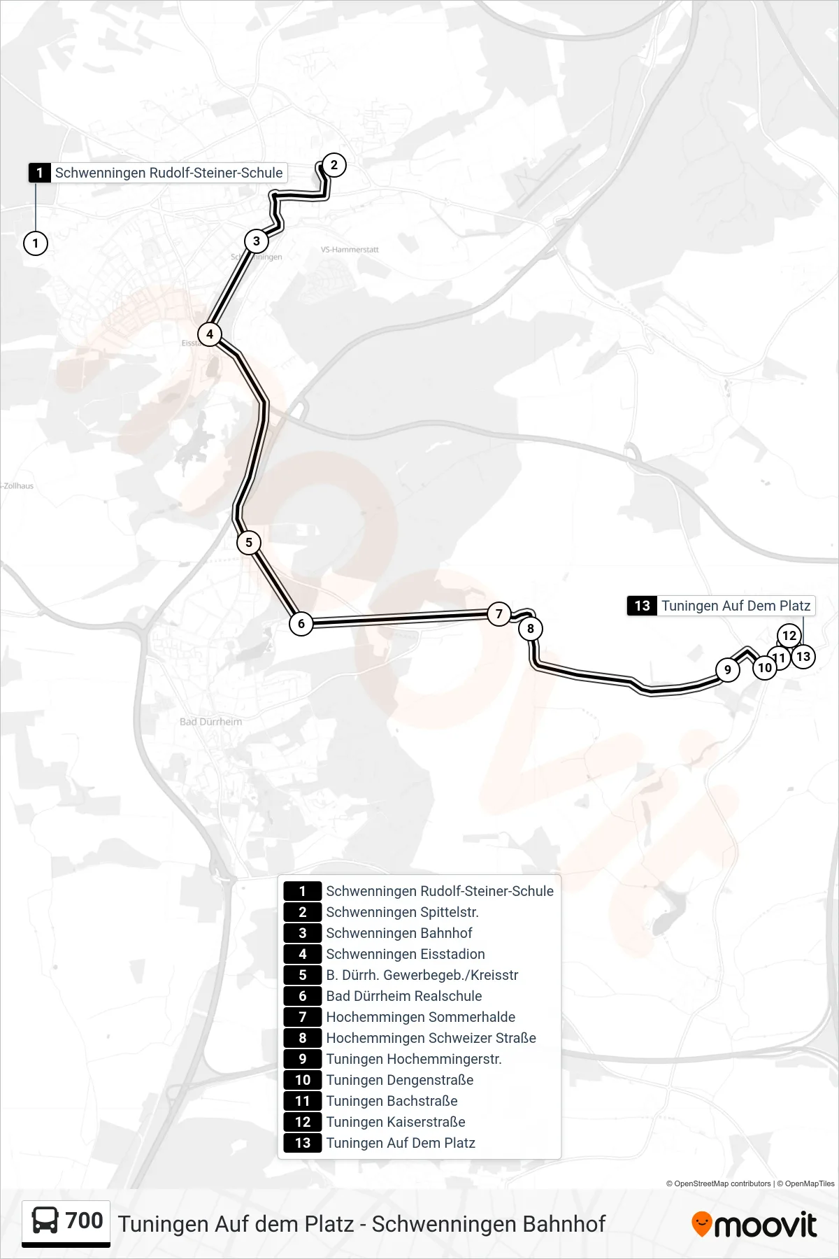 700 bus Line (Tuningen Auf Dem Platz) route and stops on a map