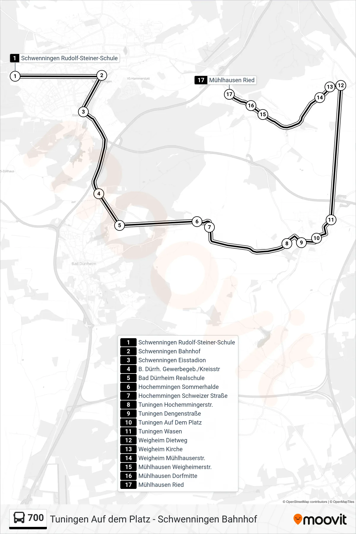 700 bus Line (Mühlhausen Ried) route and stops on a map