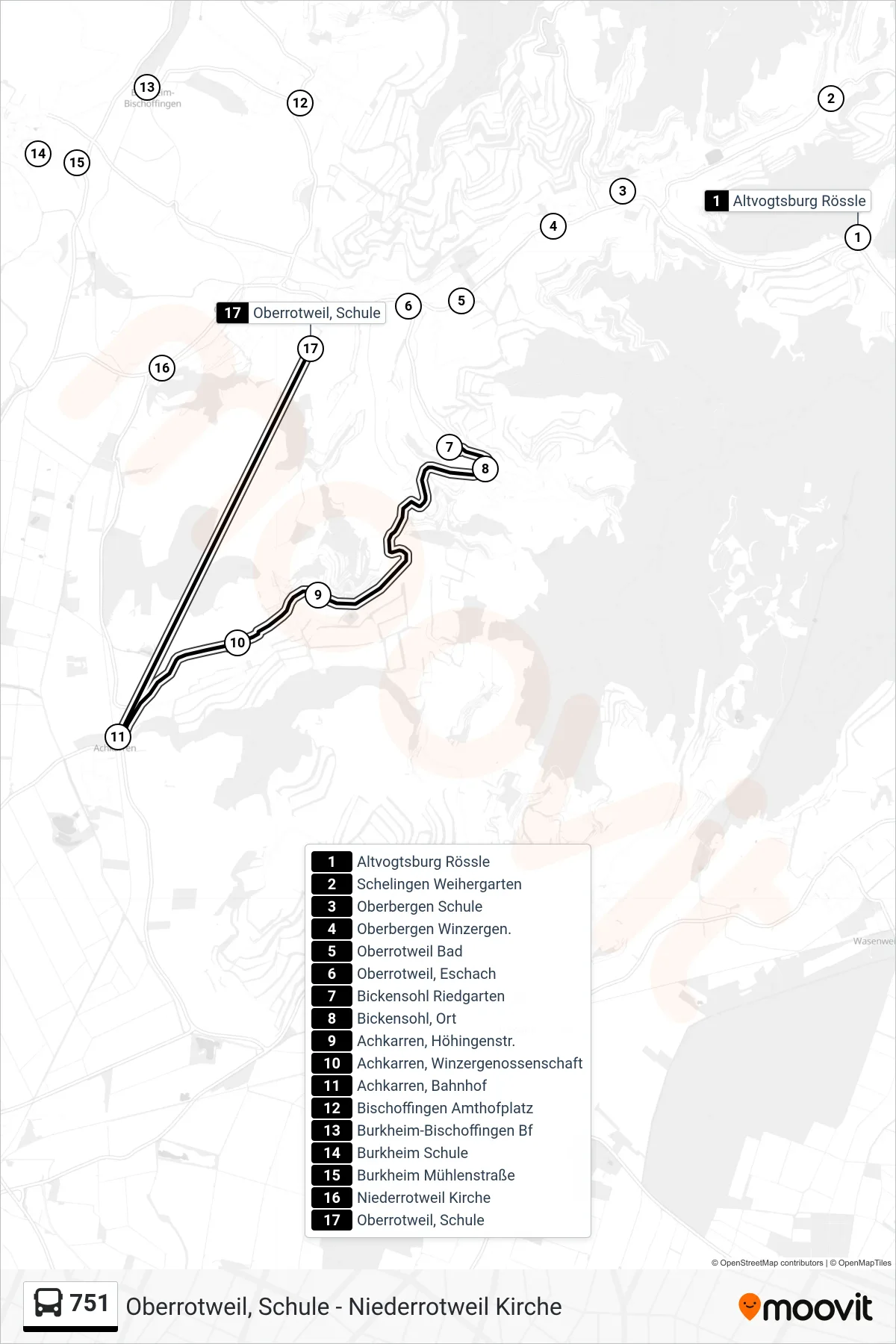 751 bus Line (Oberrotweil, Schule) route and stops on a map