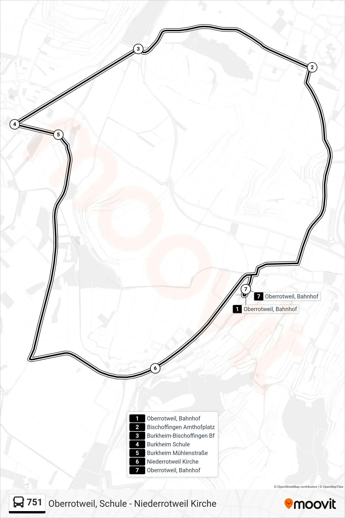 Linie 751 (Bus) Richtung Oberrotweil, Bahnhof: Route und Haltestellen auf der Karte