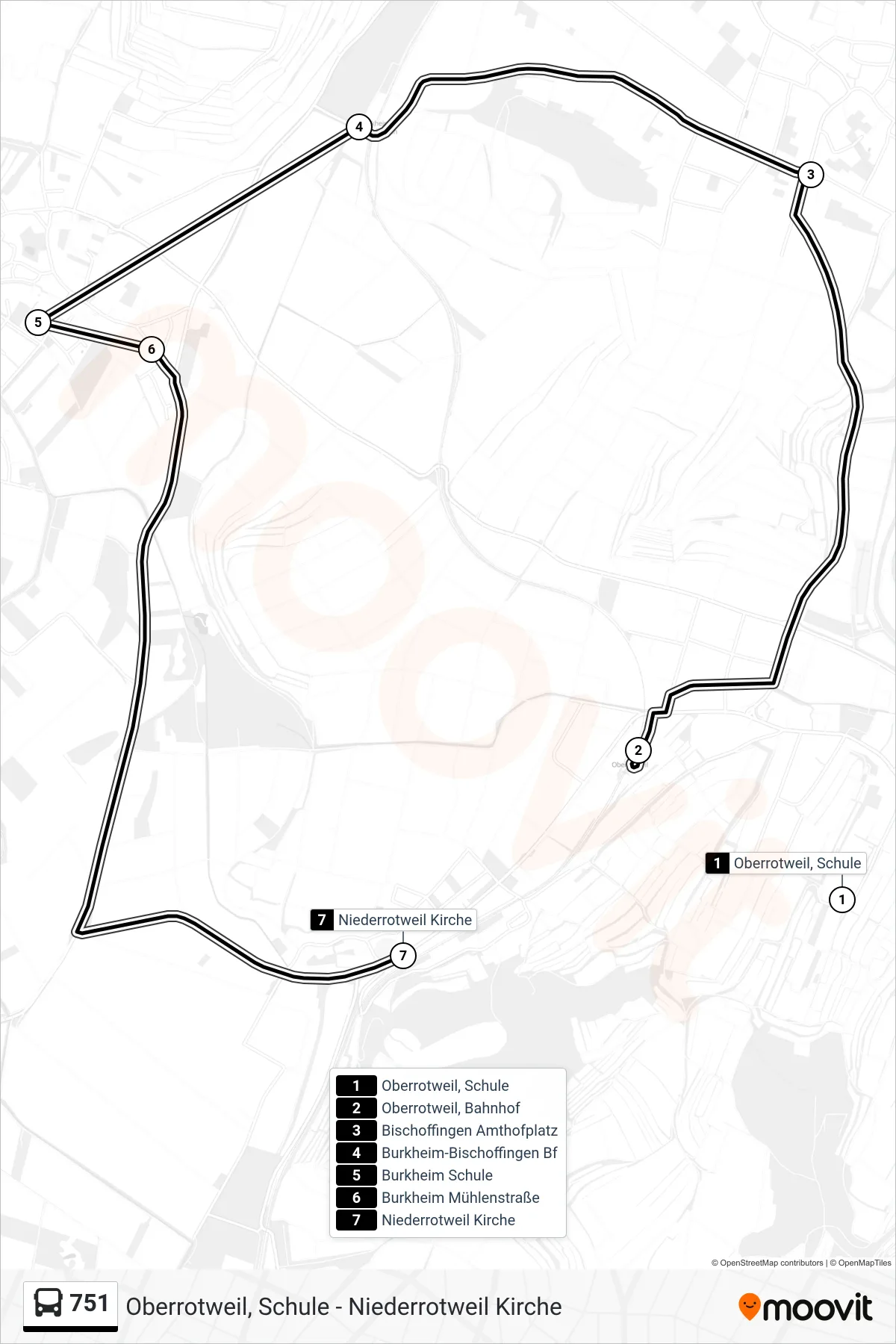 751 bus Line (Niederrotweil Kirche) route and stops on a map