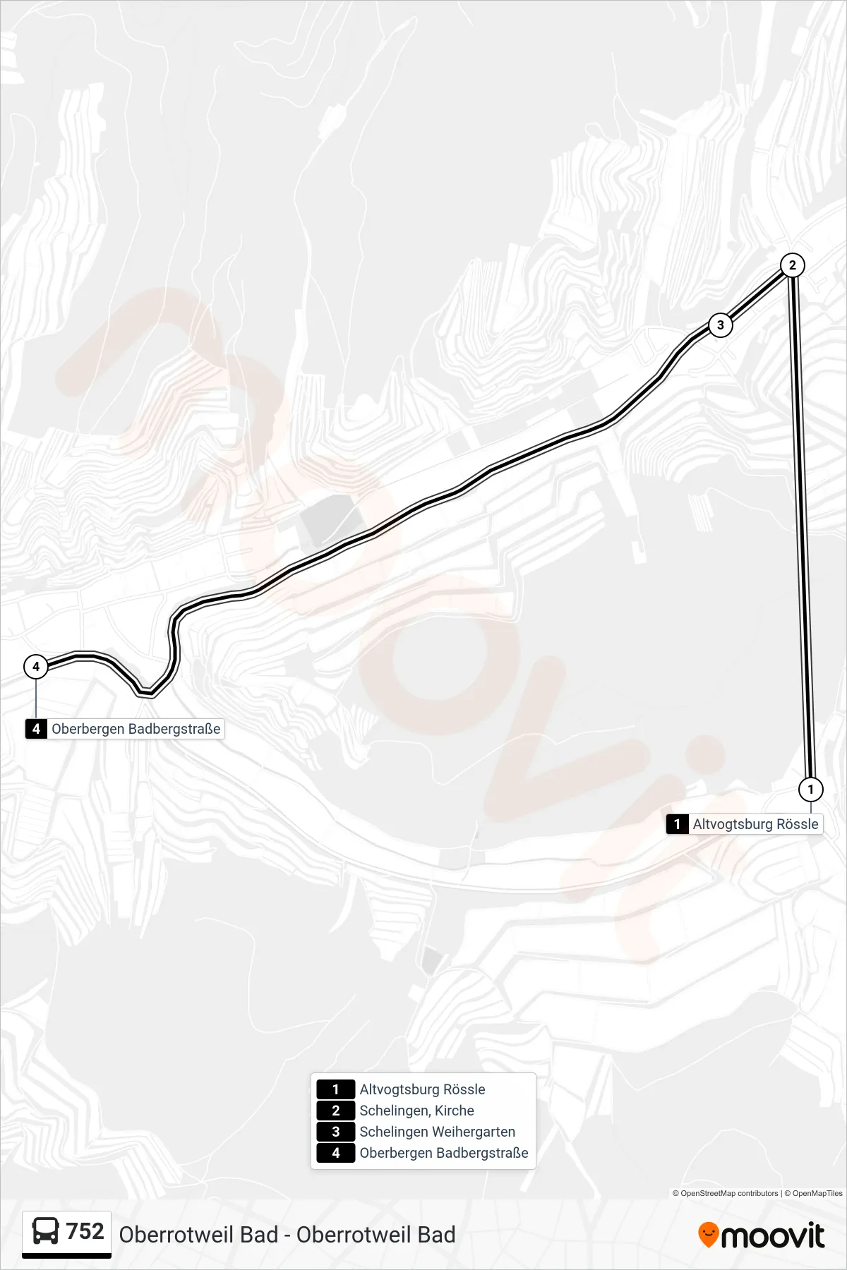 752 bus Line (Oberbergen Badbergstraße) route and stops on a map