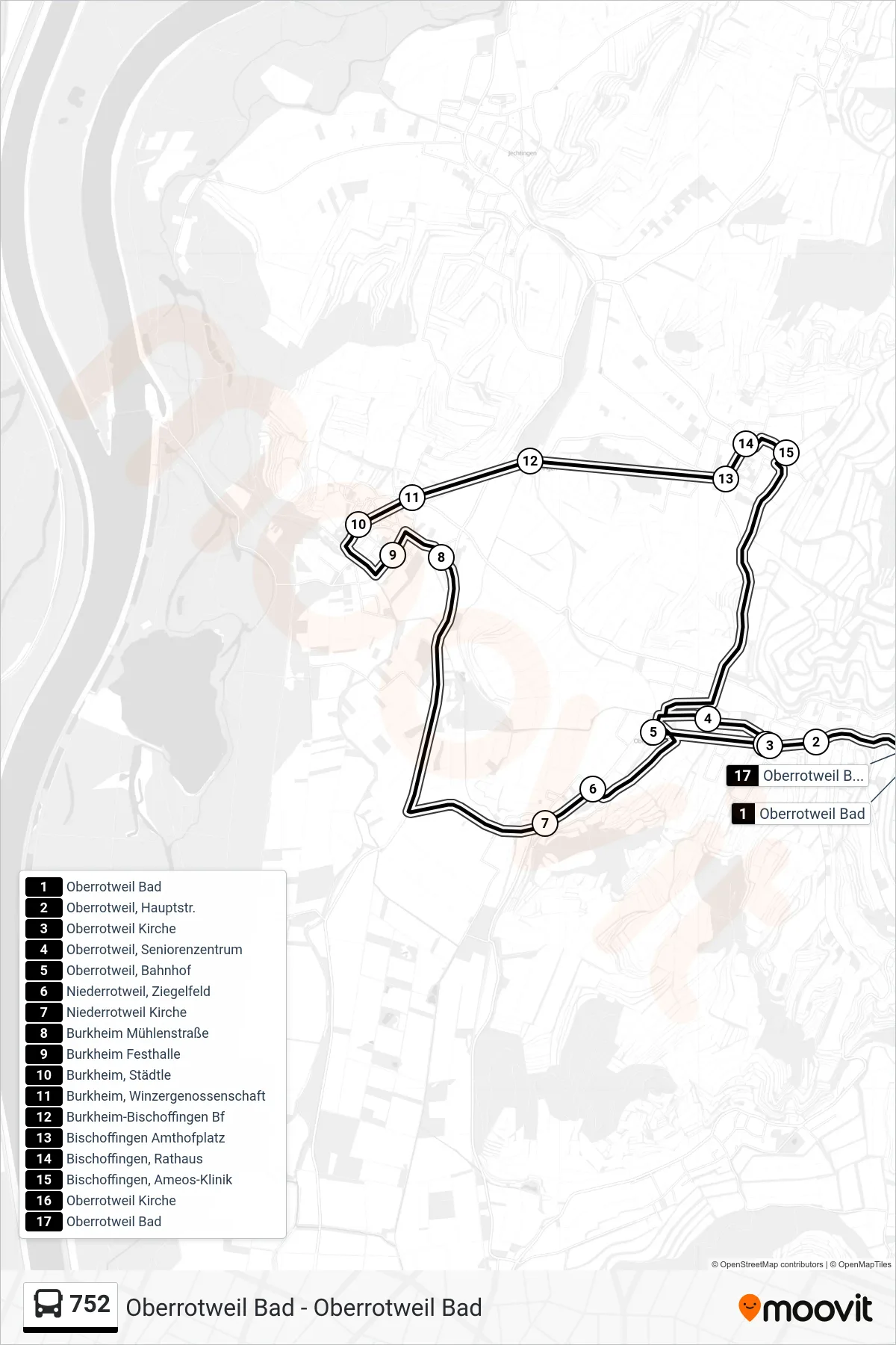 752 bus Line (Oberrotweil Bad) route and stops on a map