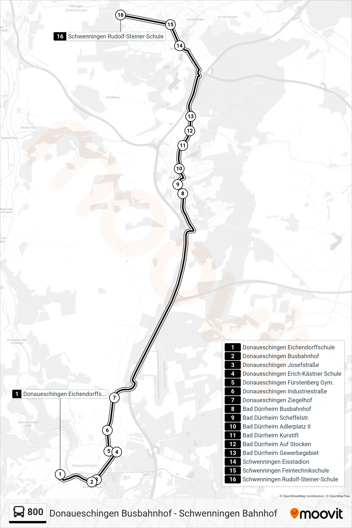 800 bus Line (Schwenningen Rudolf-Steiner-Schule) route and stops on a map
