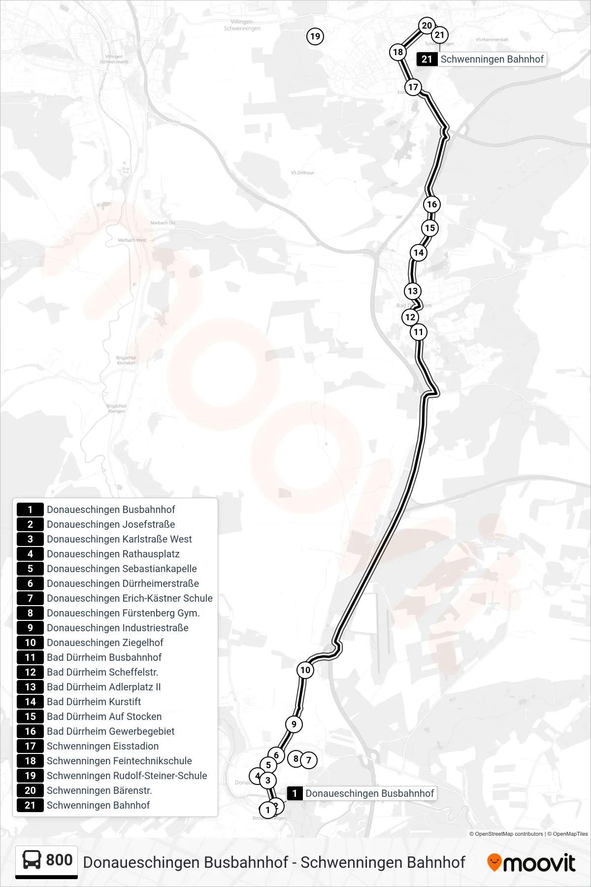 800 bus Line (Schwenningen Bahnhof) route and stops on a map