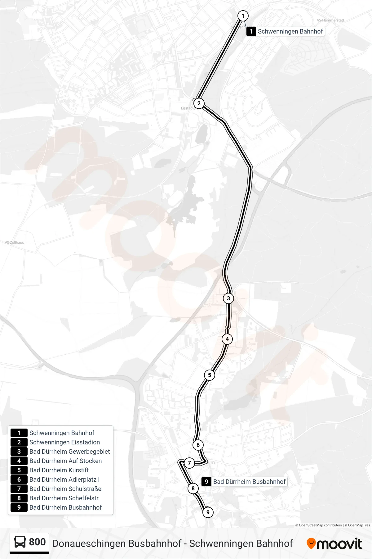 800 bus Line (Bad Dürrheim Busbahnhof) route and stops on a map
