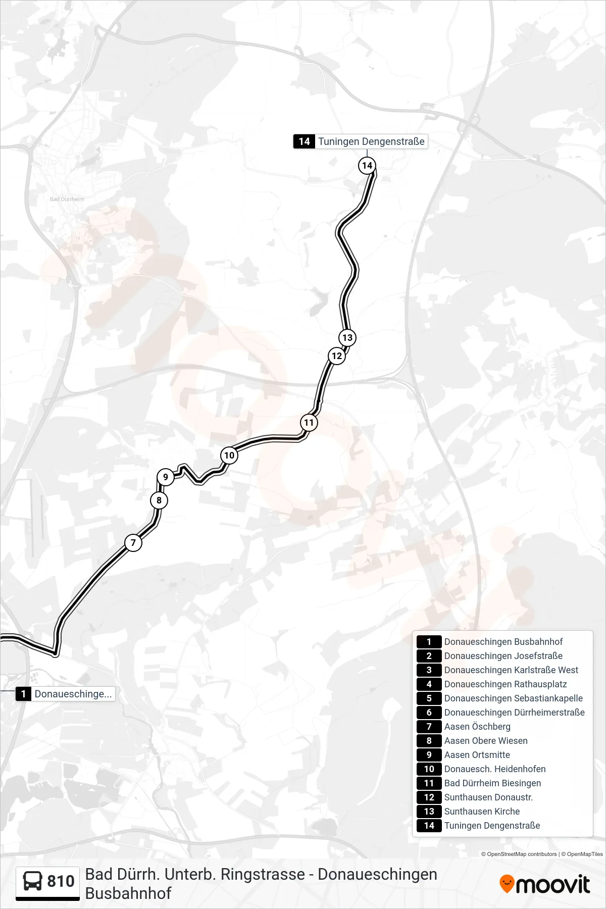 810 bus Line (Tuningen Dengenstraße) route and stops on a map