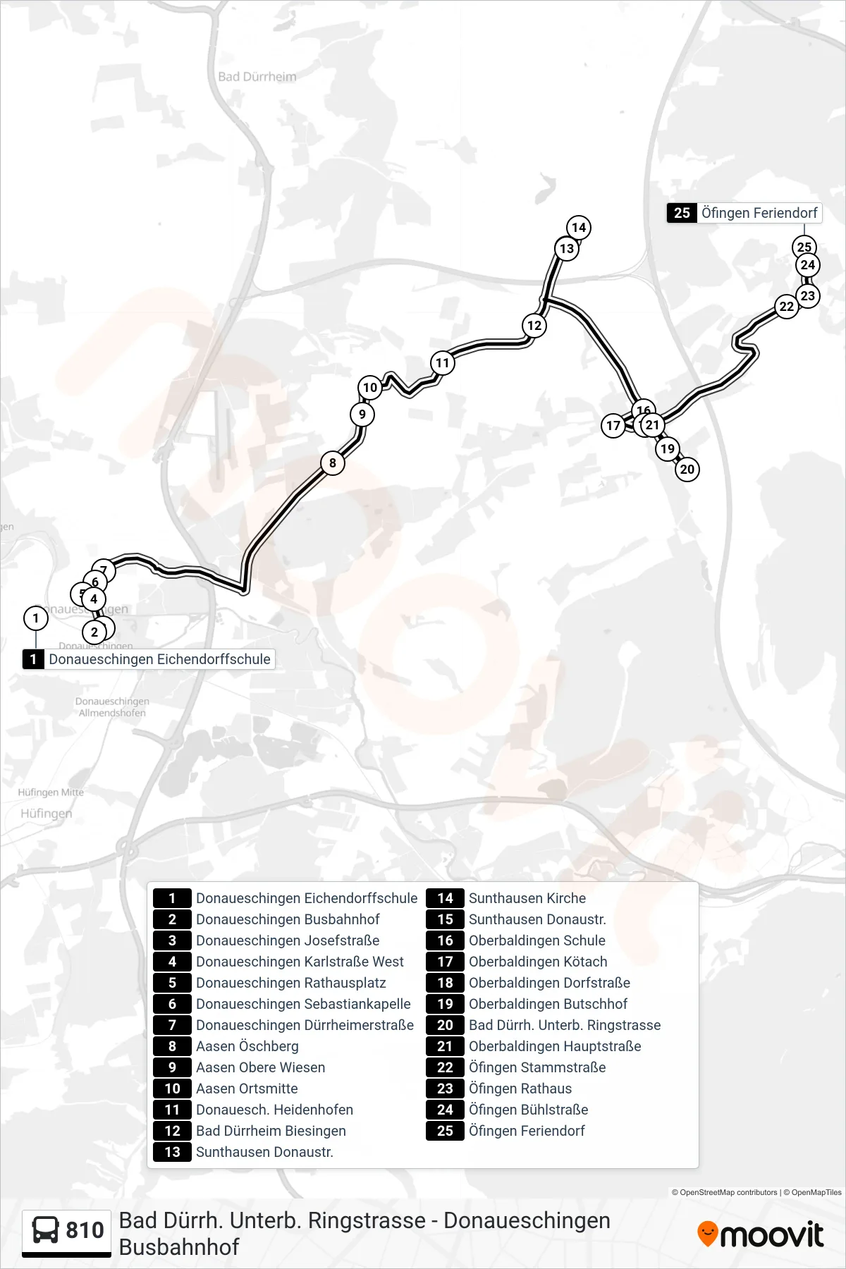 810 bus Line (Öfingen Feriendorf) route and stops on a map