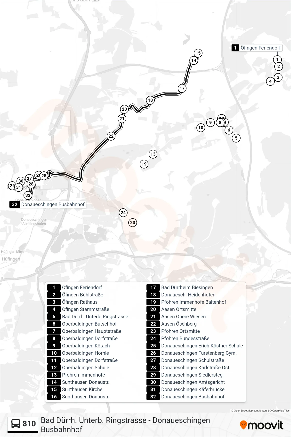 810 bus Line (Donaueschingen Busbahnhof) route and stops on a map