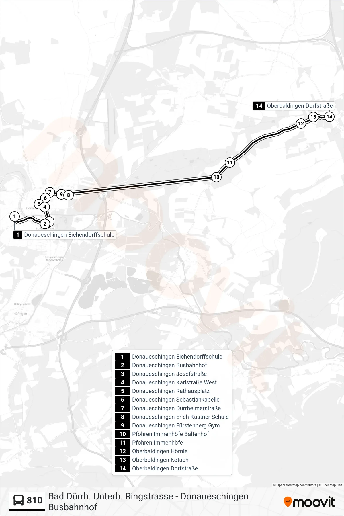 810 bus Line (Oberbaldingen Dorfstraße) route and stops on a map