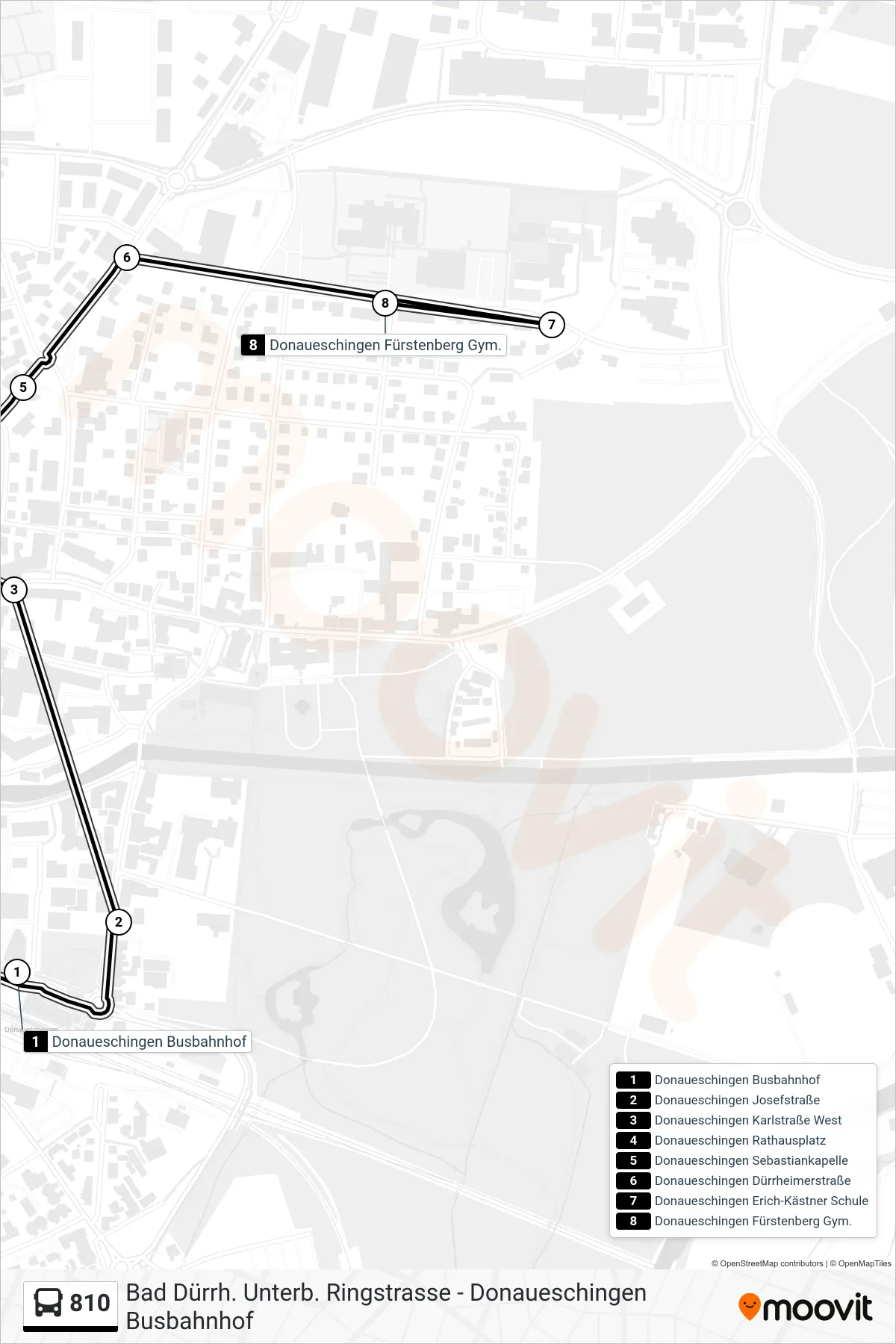 810 bus Line (Donaueschingen Fürstenberg Gym.) route and stops on a map