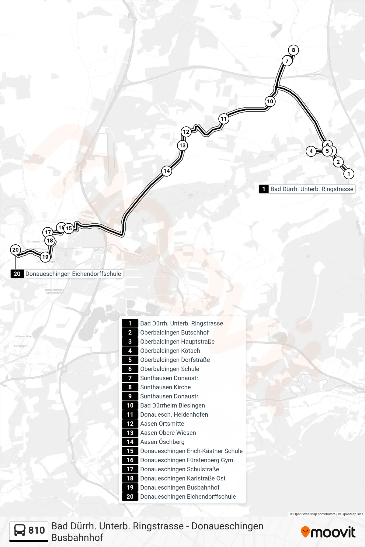 Linie 810 (Bus) Richtung Donaueschingen Eichendorffschule: Route und Haltestellen auf der Karte
