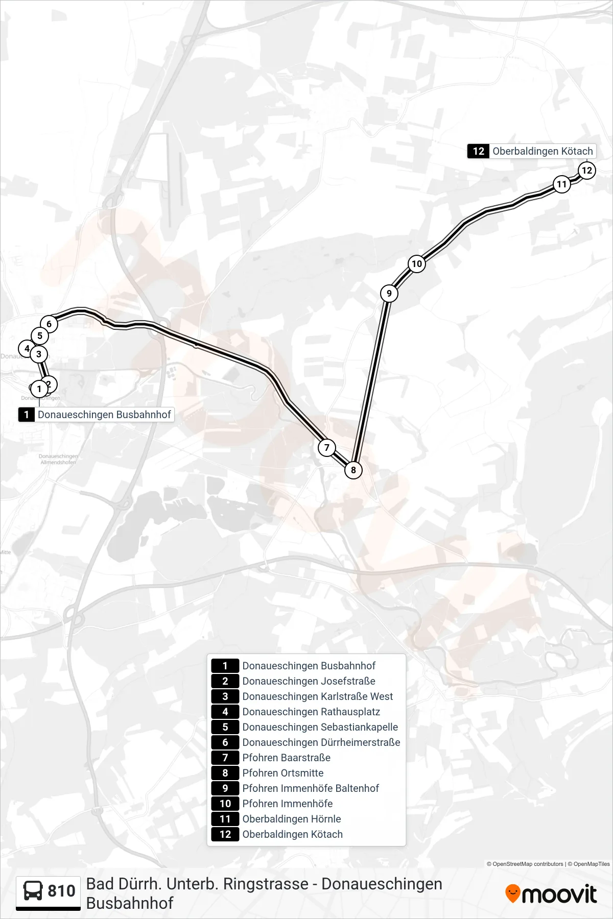 810 bus Line (Oberbaldingen Kötach) route and stops on a map