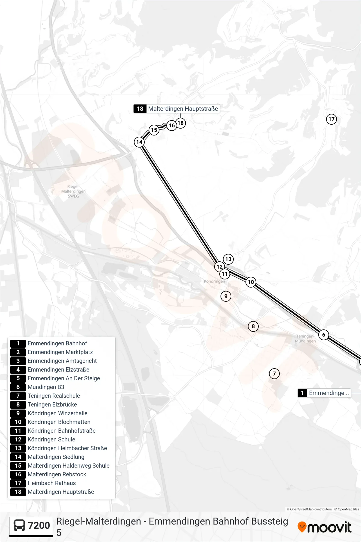 Linie 7200 (Bus) Richtung Malterdingen Hauptstraße: Route und Haltestellen auf der Karte