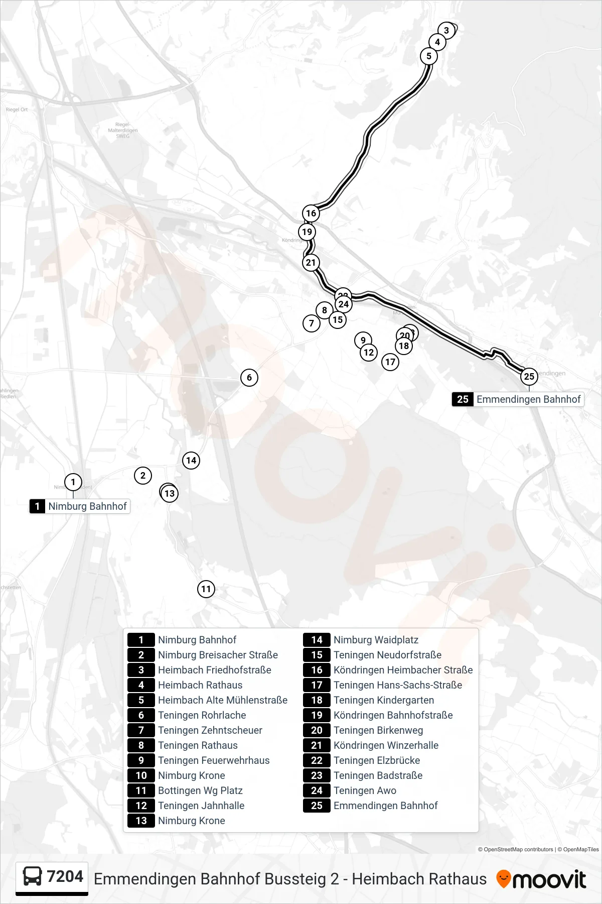 7204 bus Line (Emmendingen Bahnhof) route and stops on a map