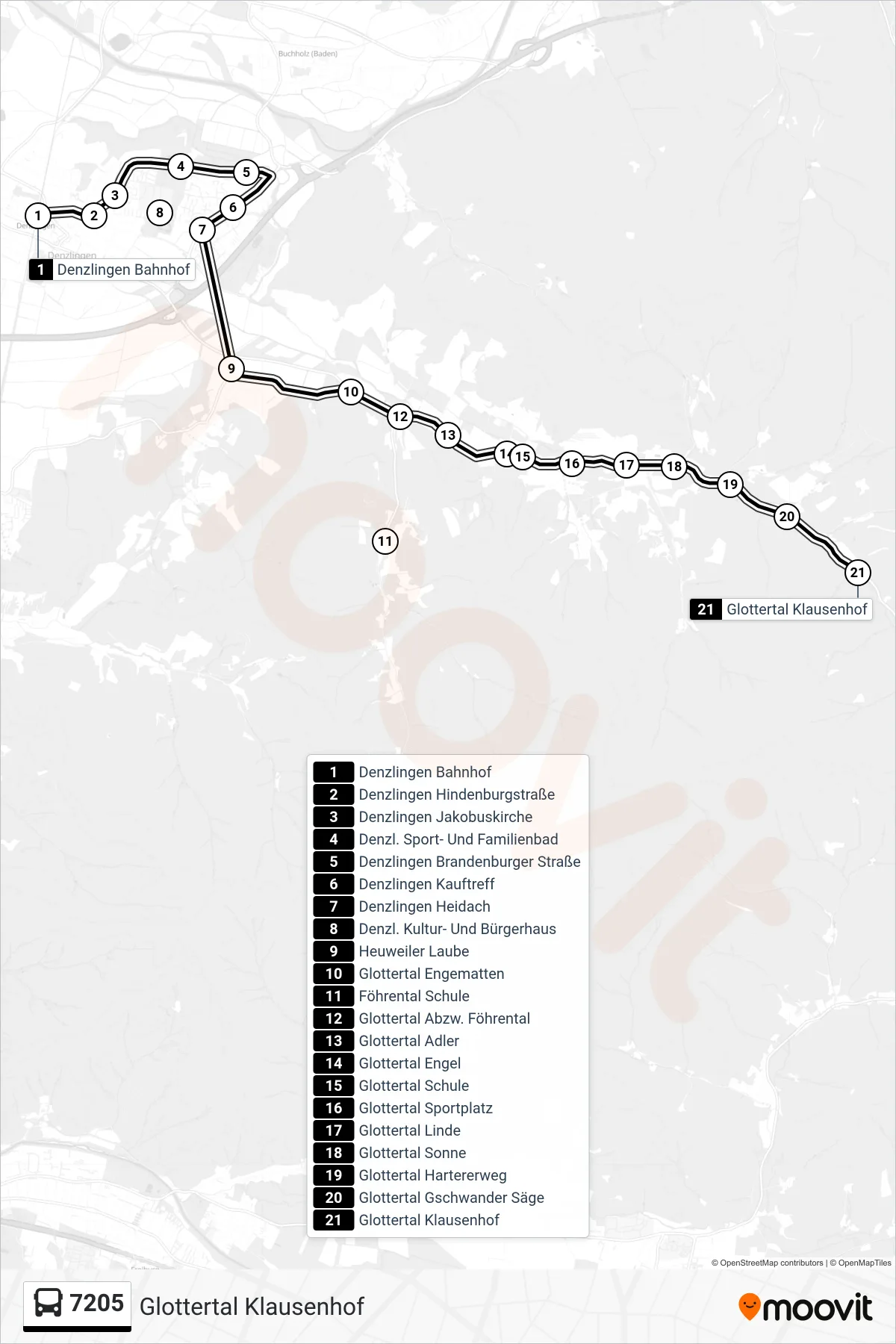 Linie 7205 (Bus) Richtung Glottertal Klausenhof: Route und Haltestellen auf der Karte