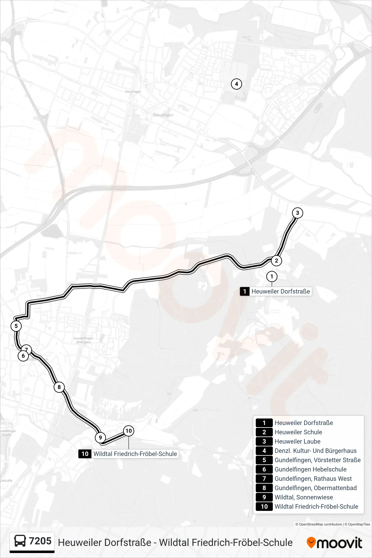 7205 bus Line (Wildtal Friedrich-Fröbel-Schule) route and stops on a map