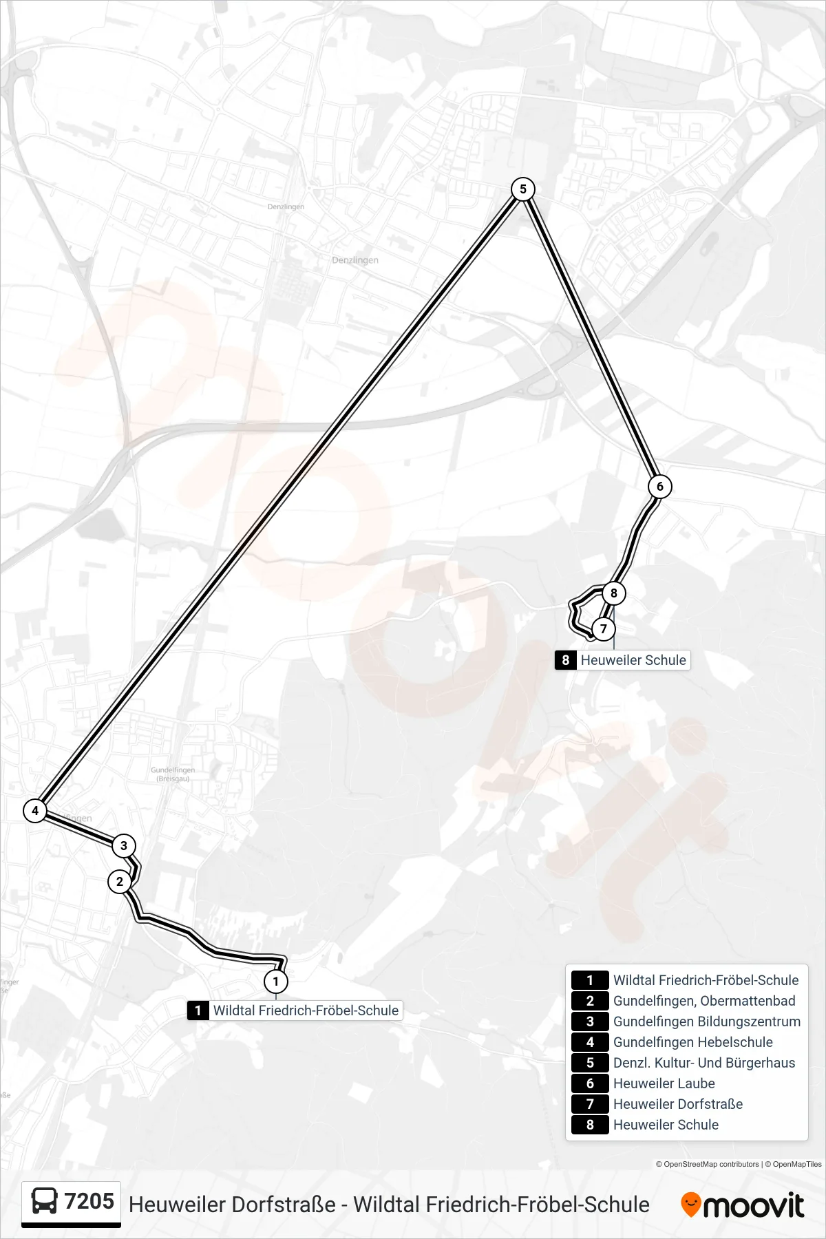 7205 bus Line (Heuweiler Schule) route and stops on a map