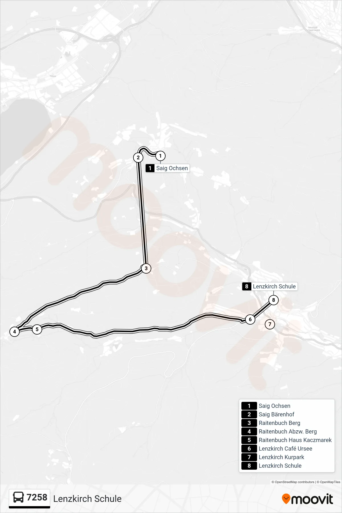 7258 bus Line (Lenzkirch Schule) route and stops on a map