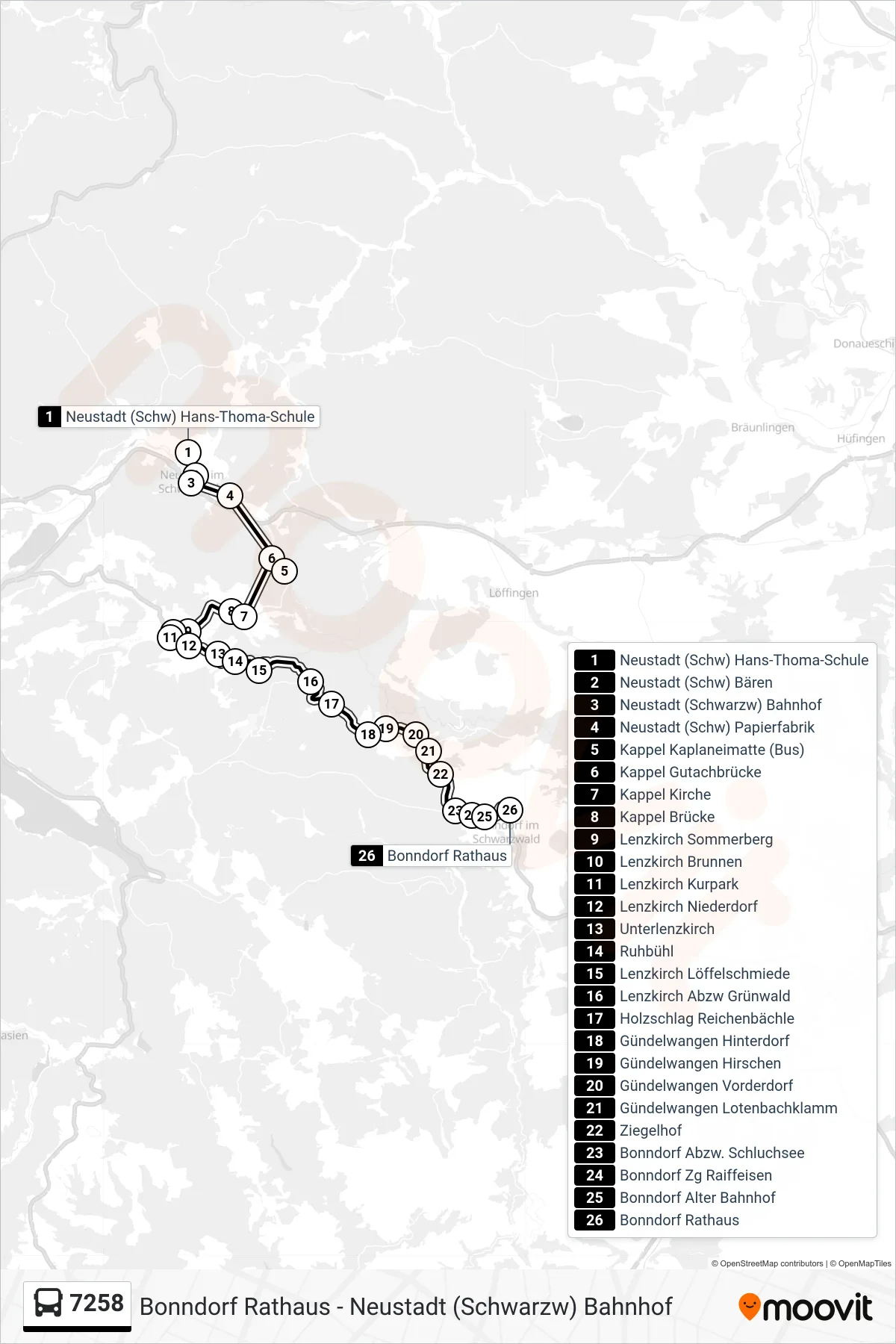 7258 bus Line (Bonndorf Rathaus) route and stops on a map