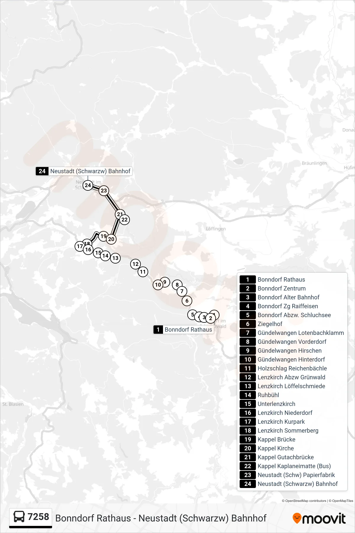 7258 bus Line (Neustadt (Schwarzw) Bahnhof) route and stops on a map