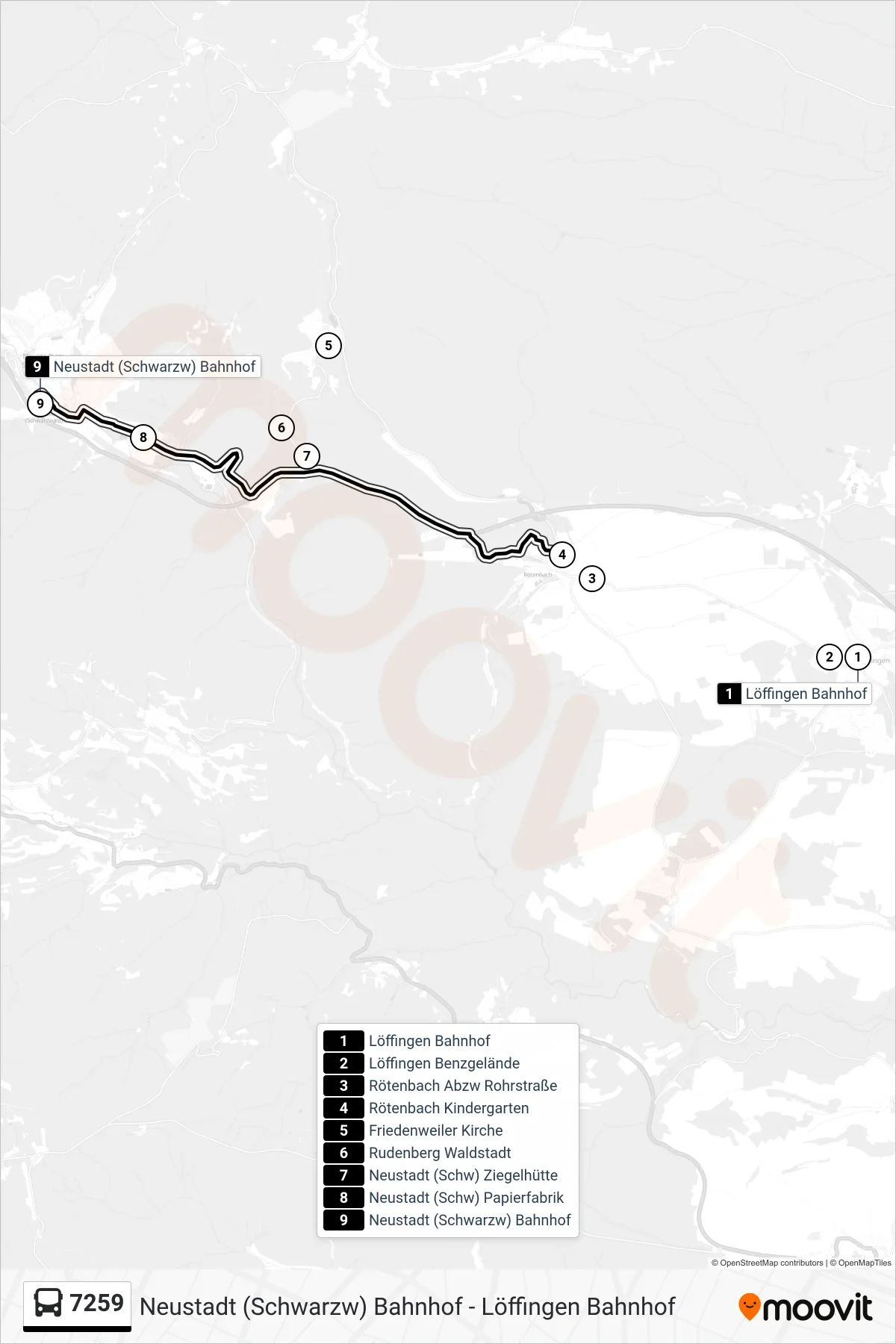 Linie 7259 (Bus) Richtung Neustadt (Schwarzw) Bahnhof: Route und Haltestellen auf der Karte