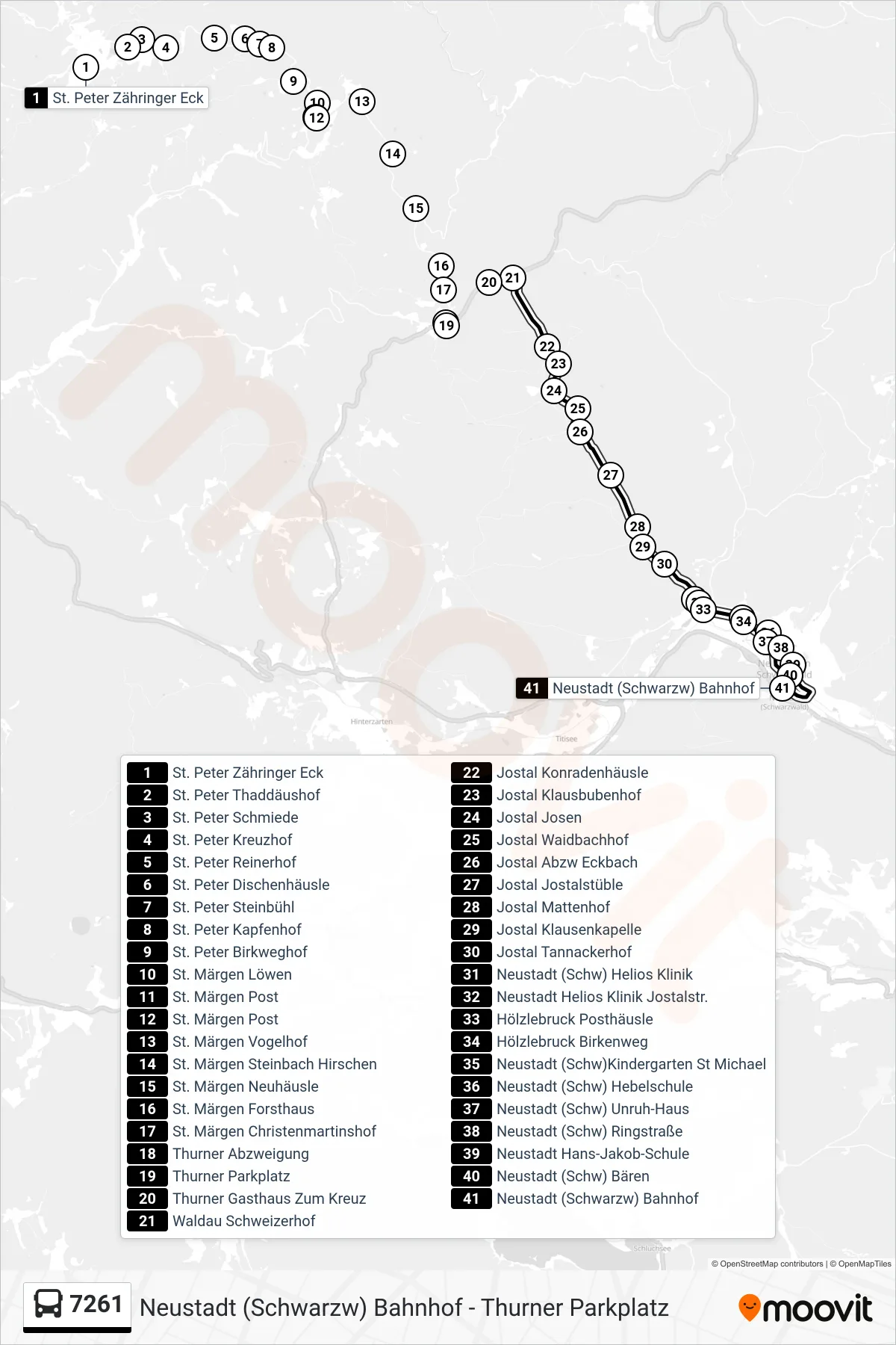 7261 bus Line (Neustadt (Schwarzw) Bahnhof) route and stops on a map