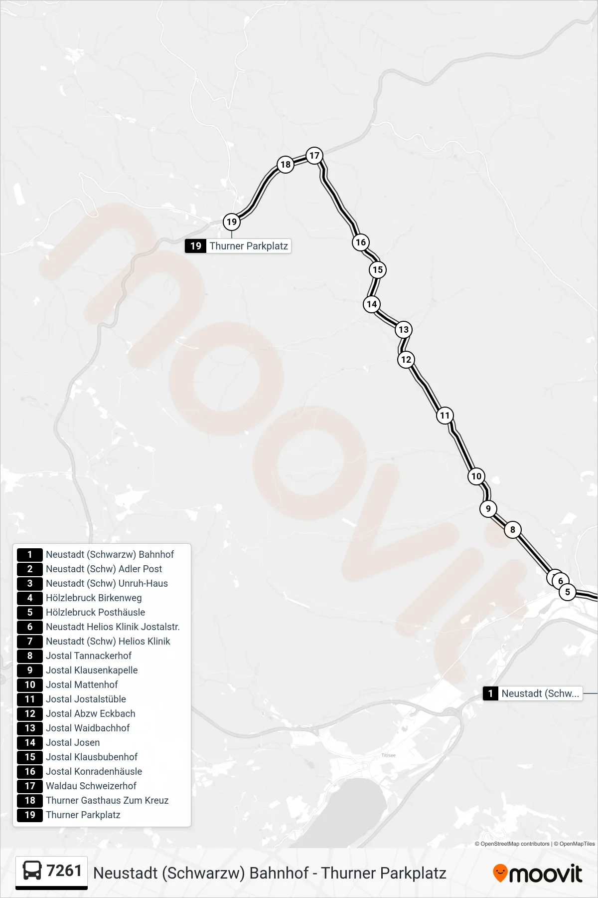7261 bus Line (Thurner Parkplatz) route and stops on a map
