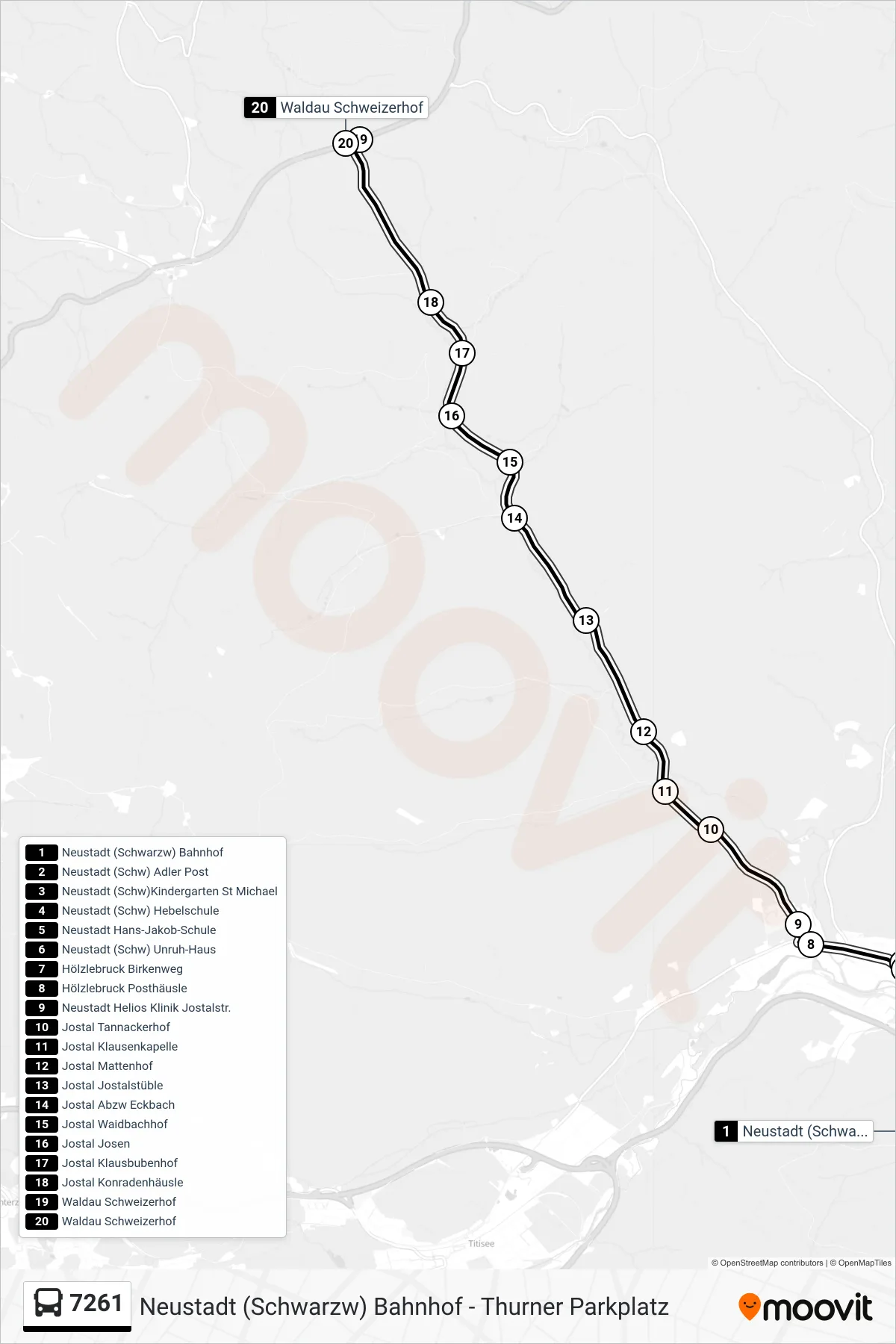 7261 bus Line (Waldau Schweizerhof) route and stops on a map
